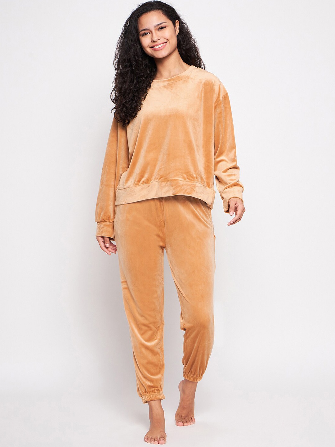 

Camey Velvet Top And Pyjamas Night Suit, Mustard