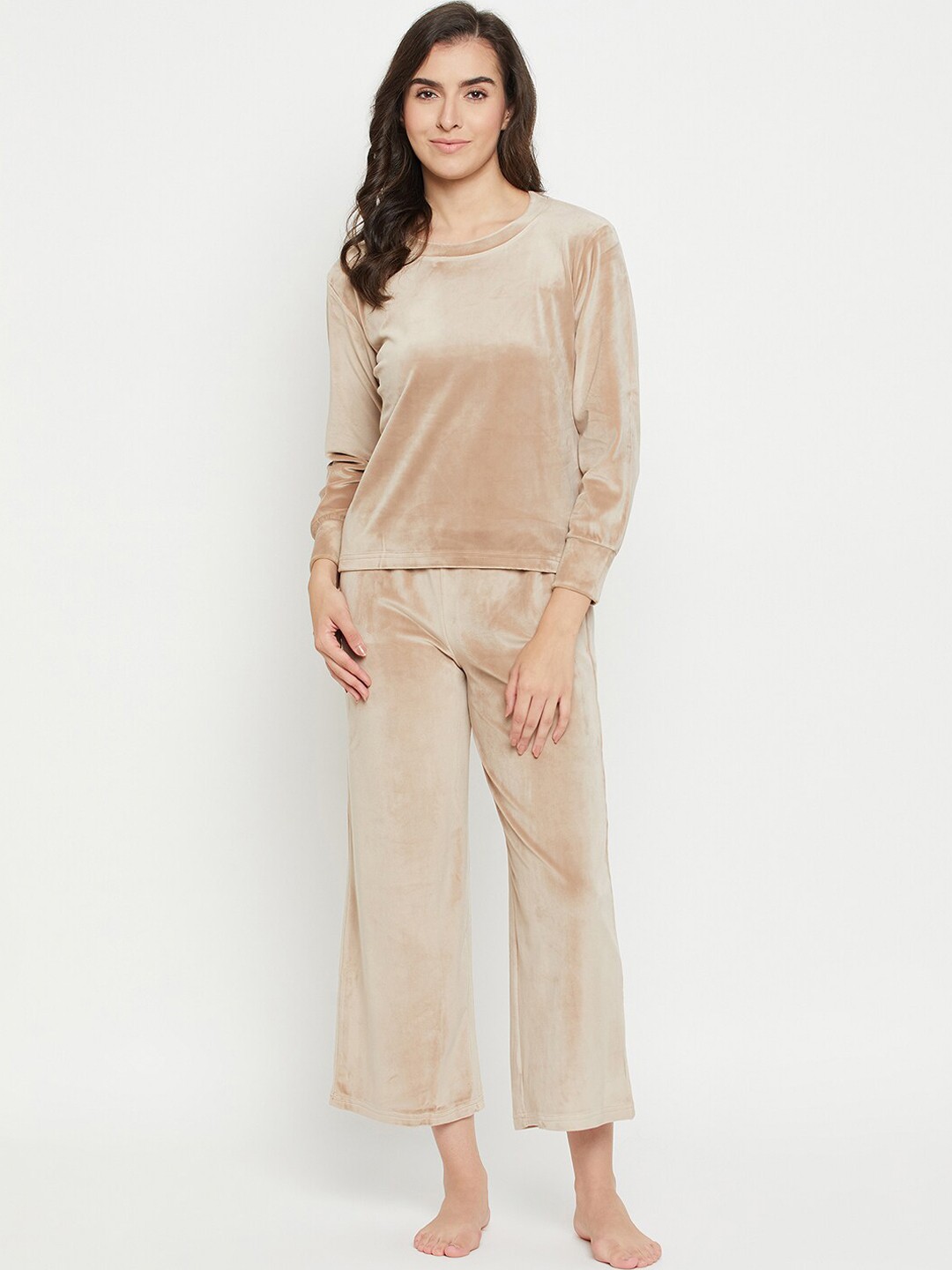 

Camey Velvet Top And Pyjamas Night Suit, Beige