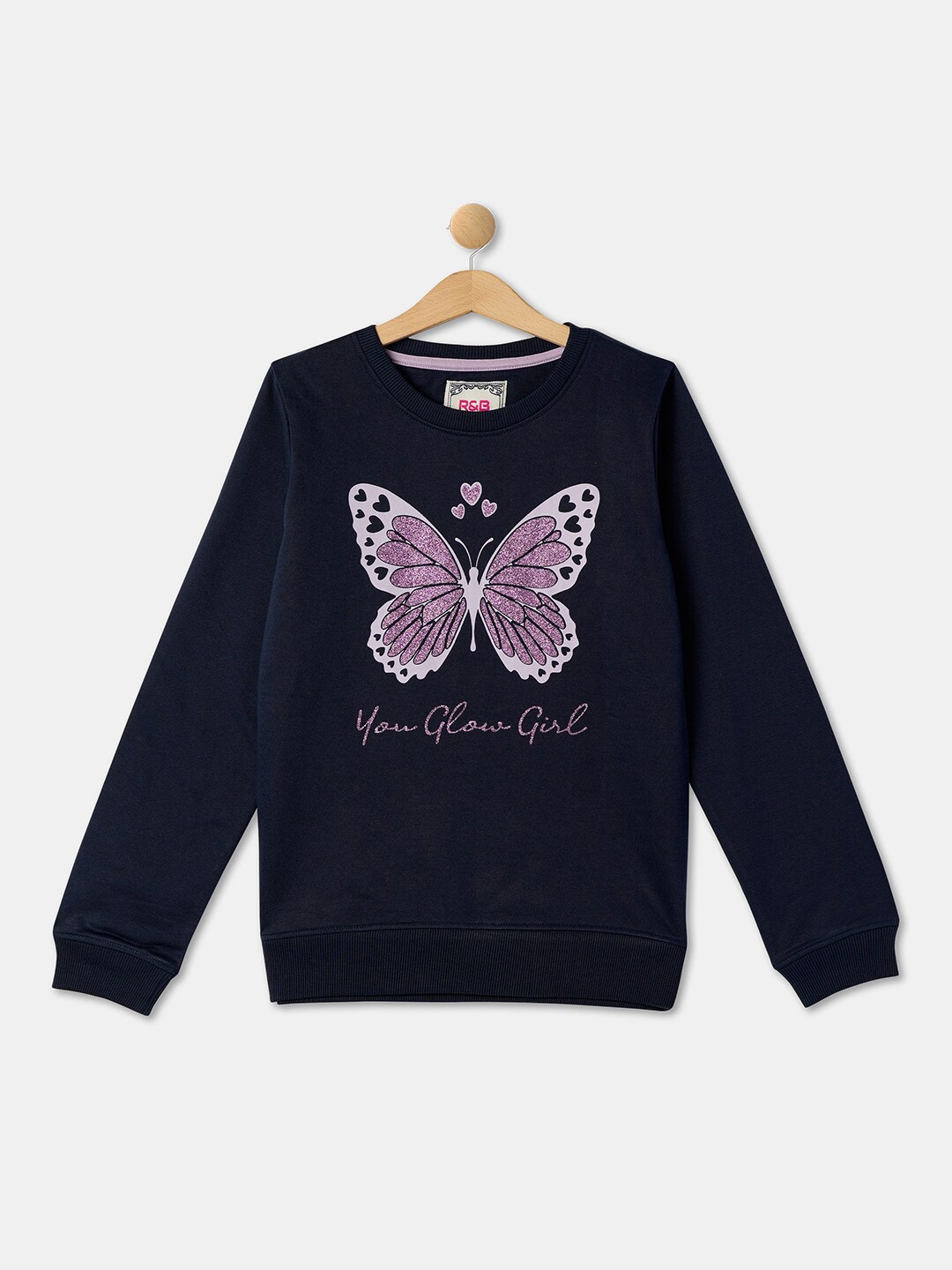 

R&B Girls Graphic Printed Cotton Pullover, Navy blue