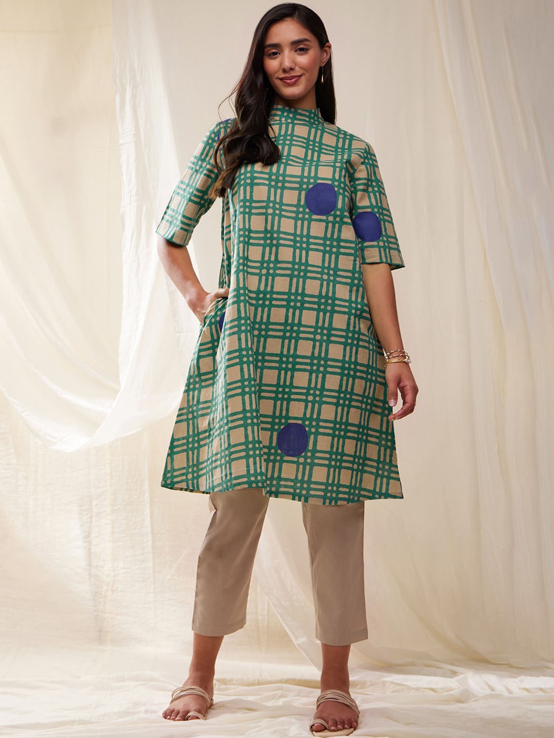 

Pink Fort Checked Band Collar Pure Cotton A-Line Kurta With Trousers, Beige