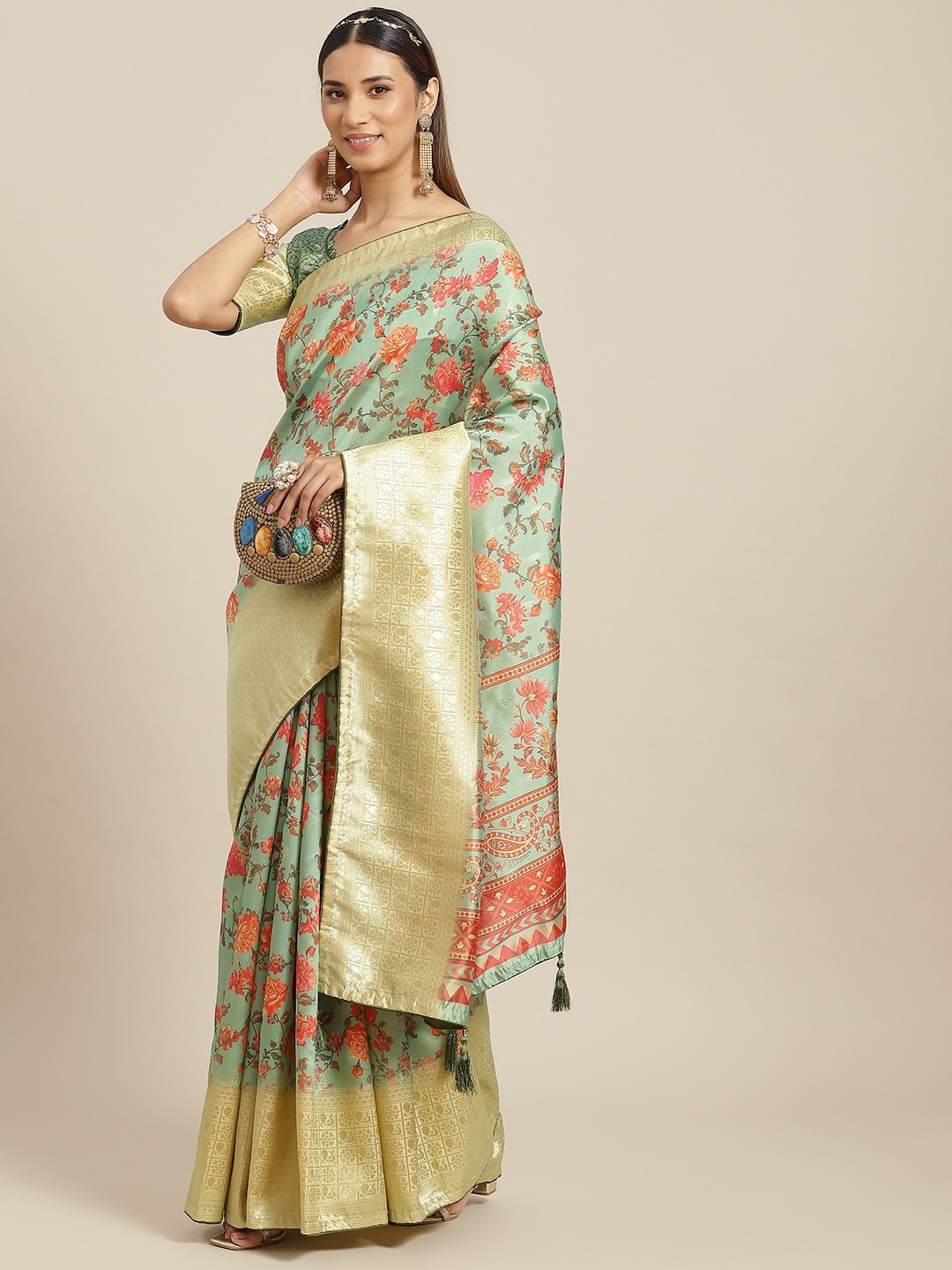 

Mitera Floral Woven Design Zari Banarasi Saree, Green