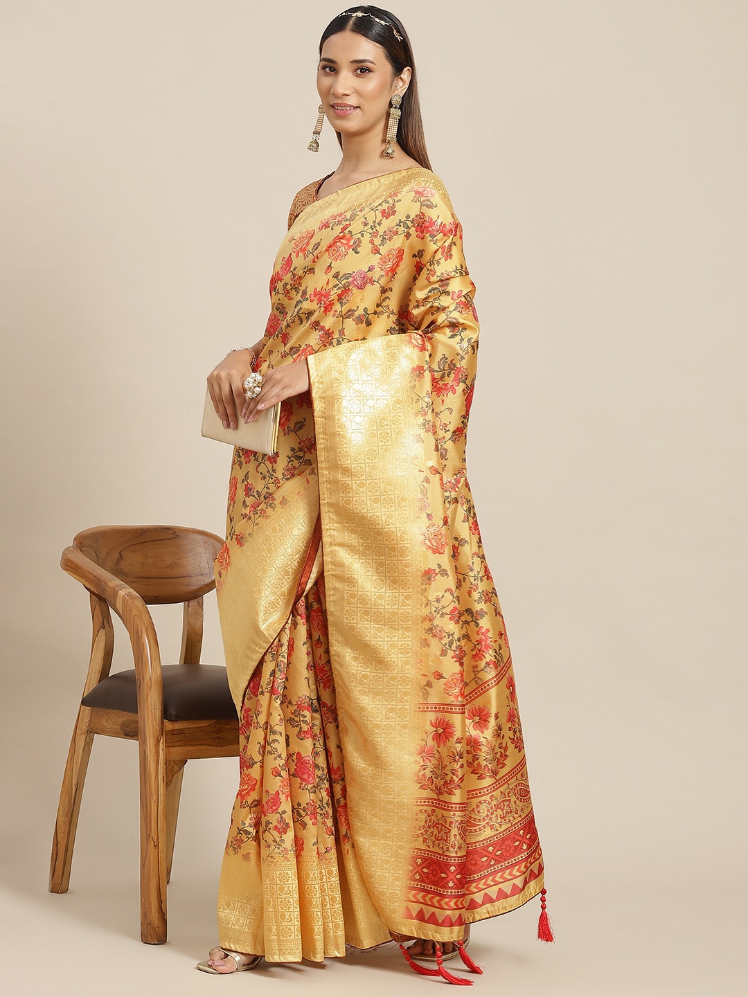 

Mitera Floral Printed Zari Banarasi Saree, Yellow