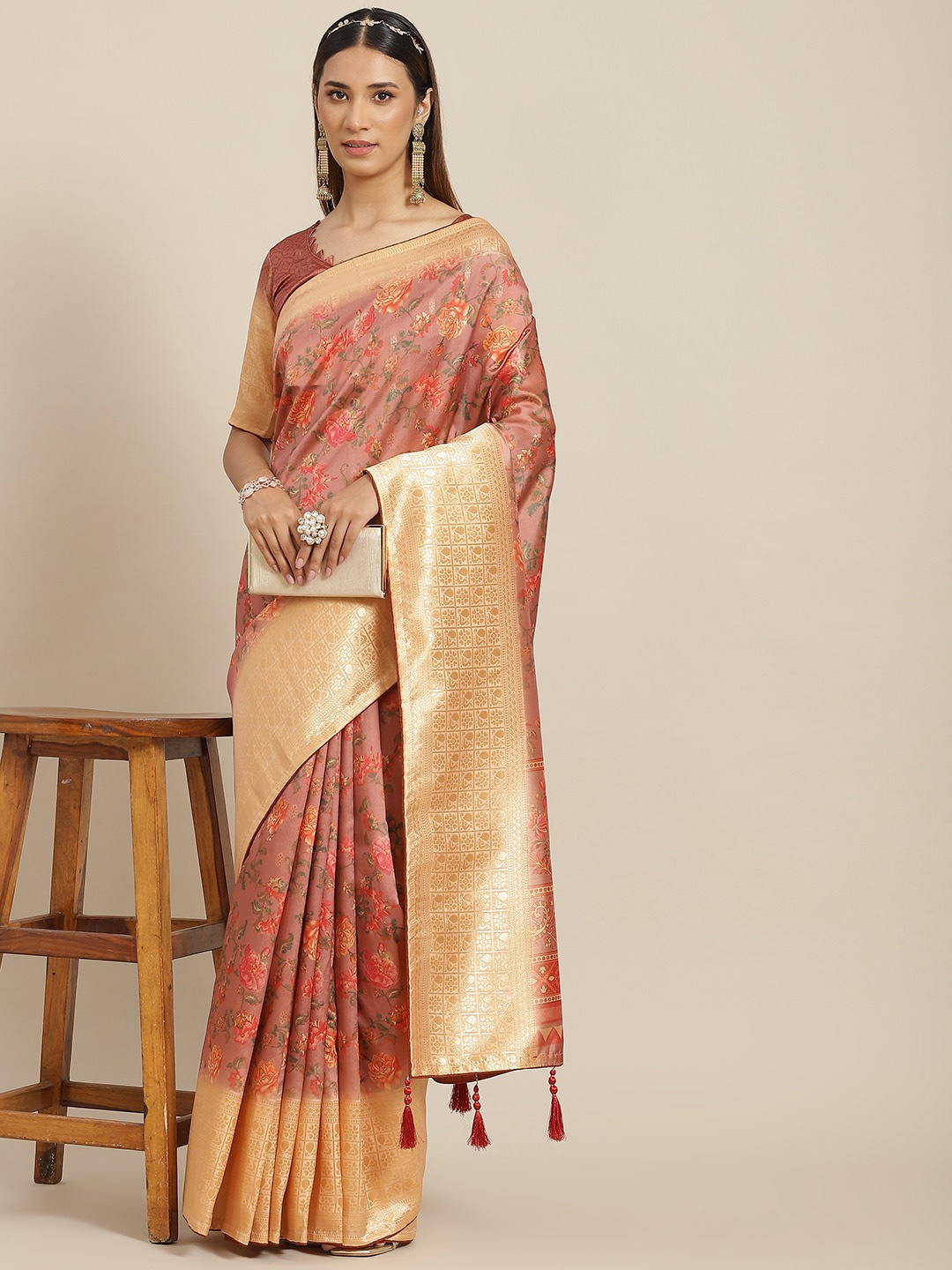 

Mitera Floral Woven Design Zari Banarasi Saree, Pink