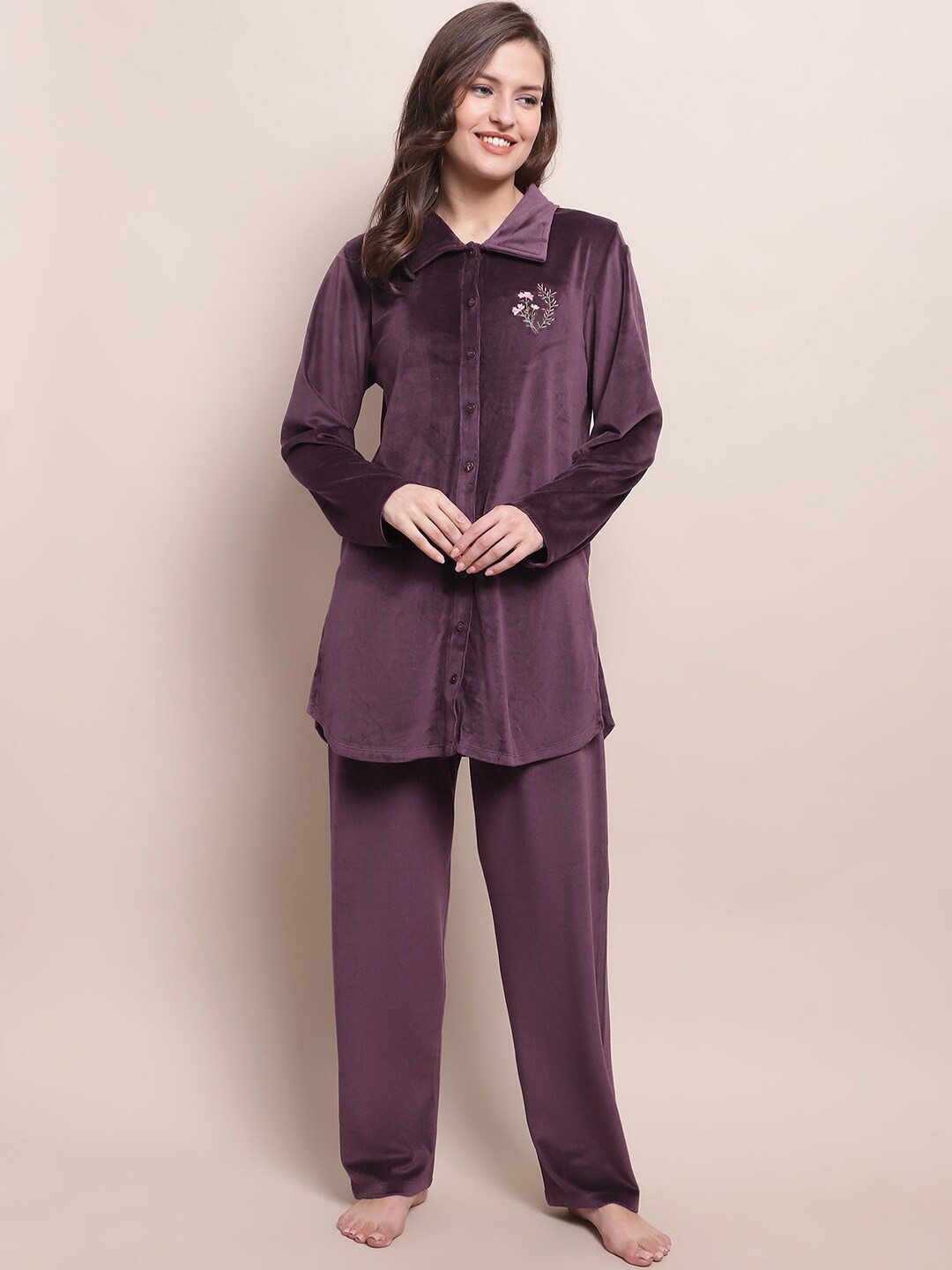 

Kanvin Shirt Collar Night suit, Purple