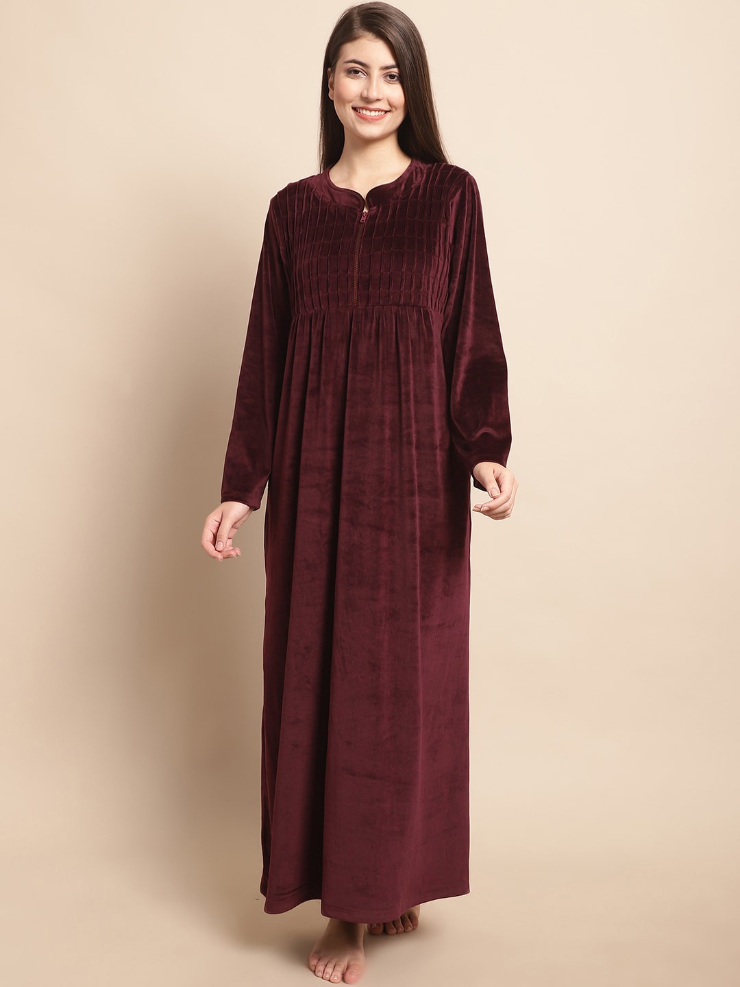 

Kanvin Self Design Mandarin Collar Maxi Nightdress, Maroon