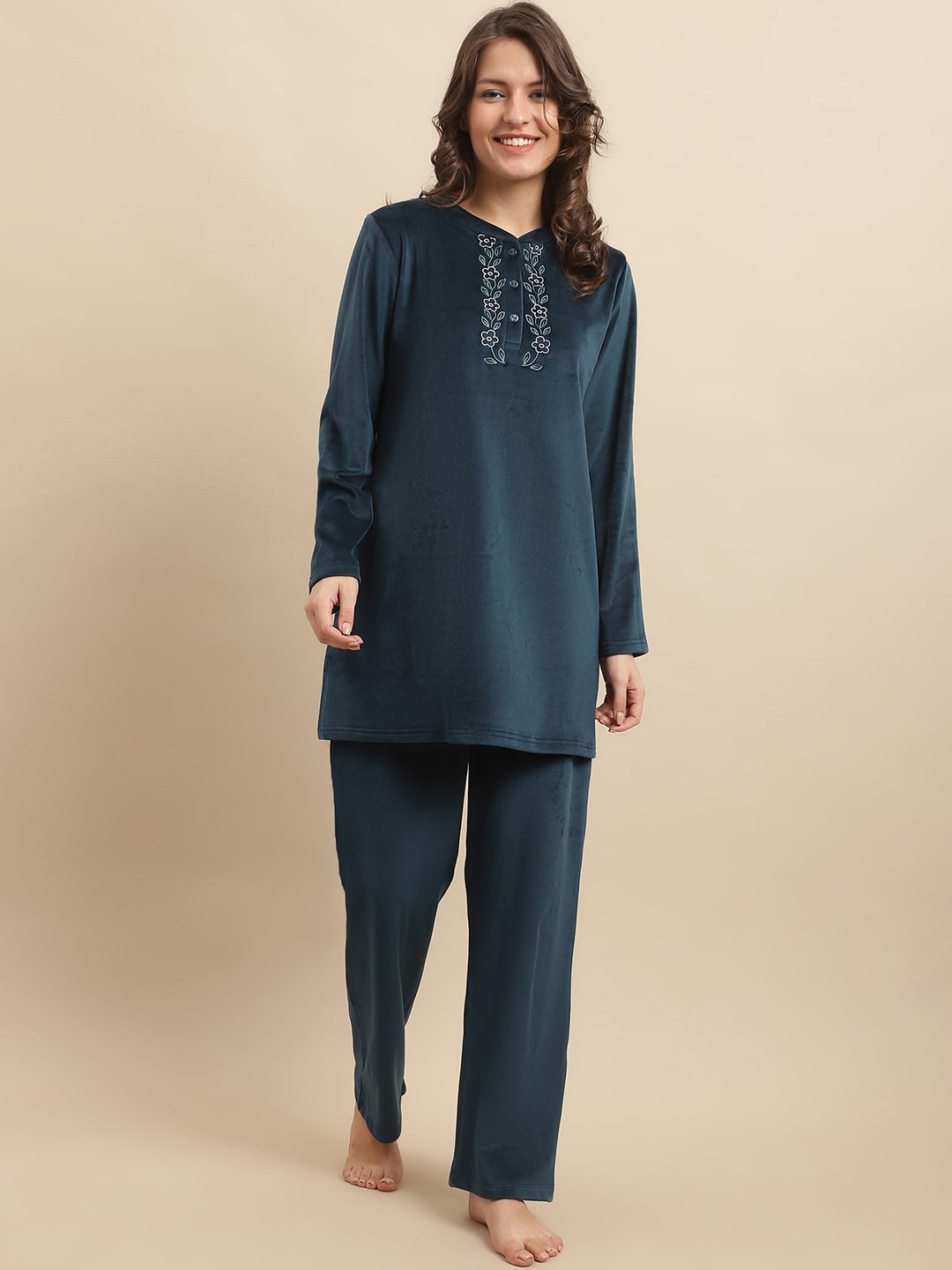 

Kanvin Floral Embroidered Night suit, Teal