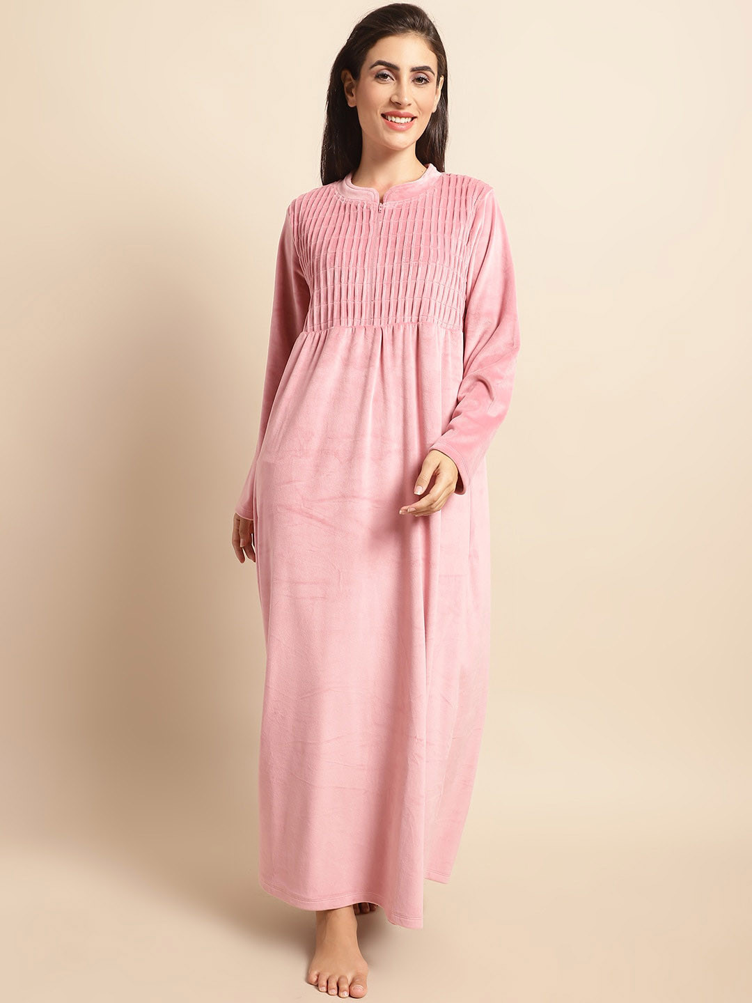 

Kanvin Self Design Mandarin Collar Maxi Nightdress, Pink