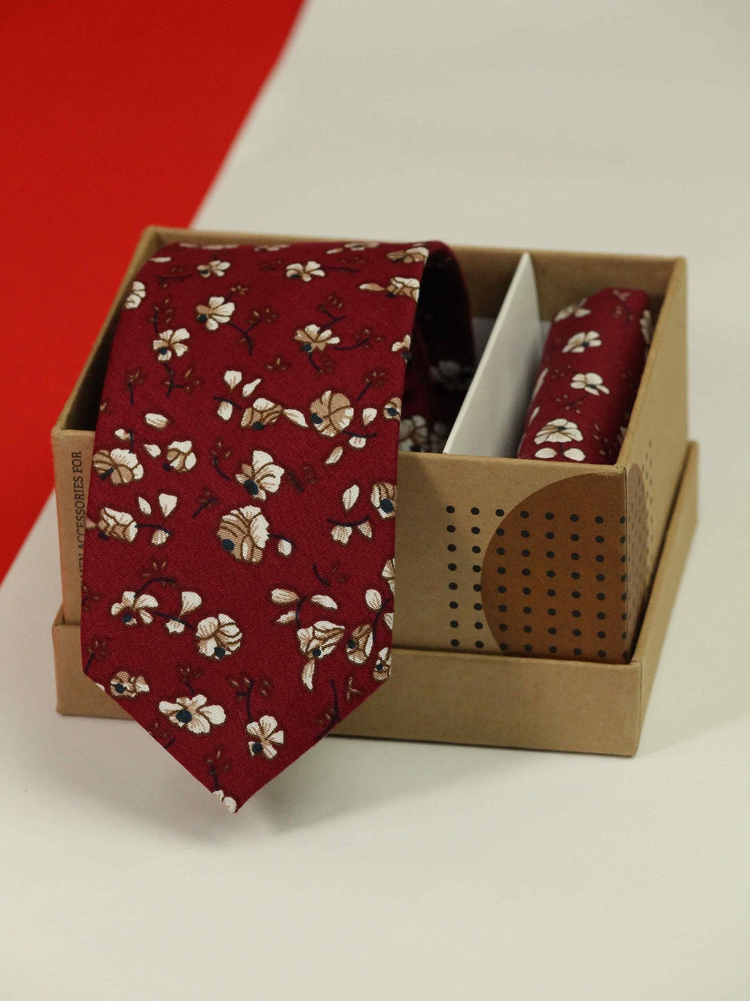 Tossido Men Floral Printed Cotton Neck Tie & Pocket Square Accessory Gift Set, Maroon