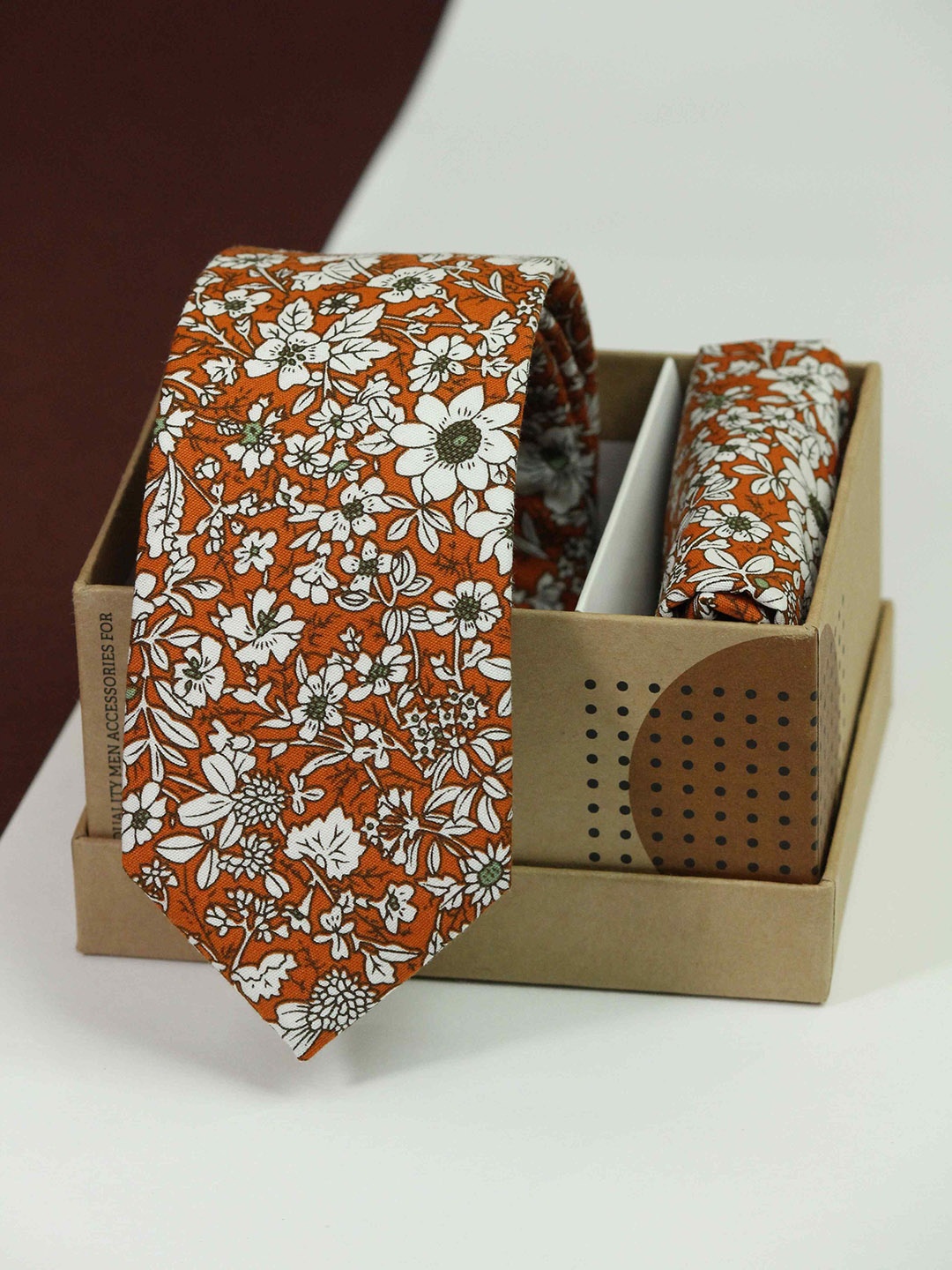 

Tossido Men Floral Printed Cotton Necktie & Pocket Square, Orange