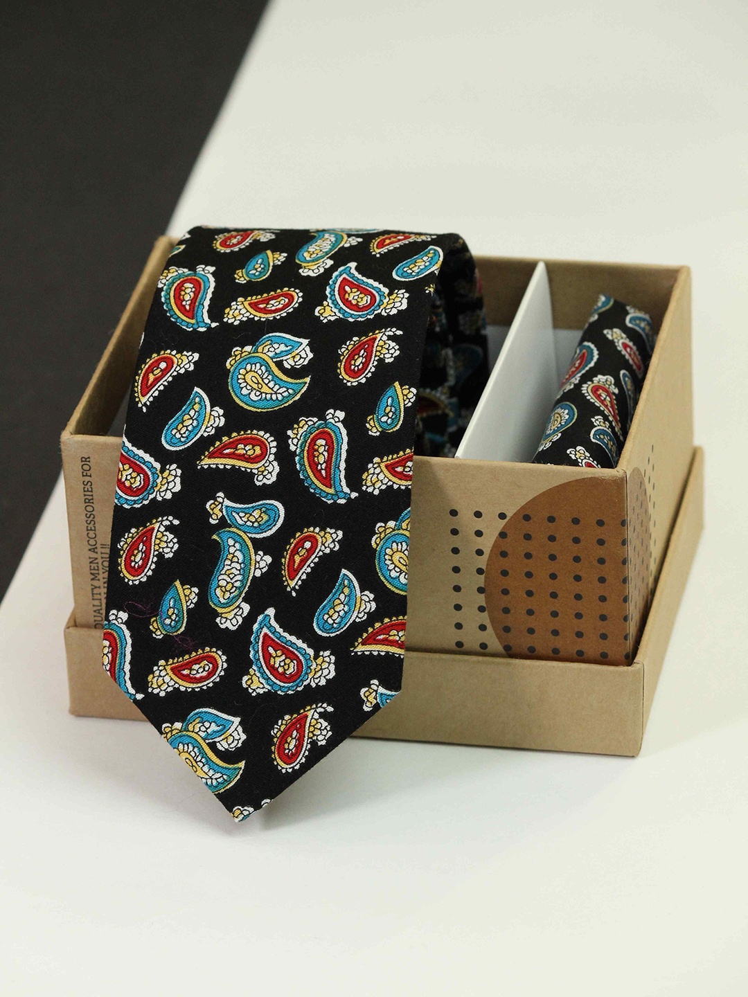 

Tossido Men Paisley Printed Cotton Necktie & Pocket Square, Black