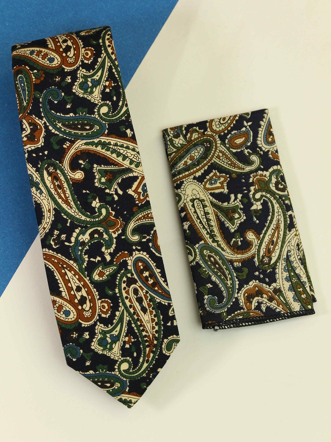 

Tossido Men Paisley Printed Cotton Necktie & Pocket Square, Blue