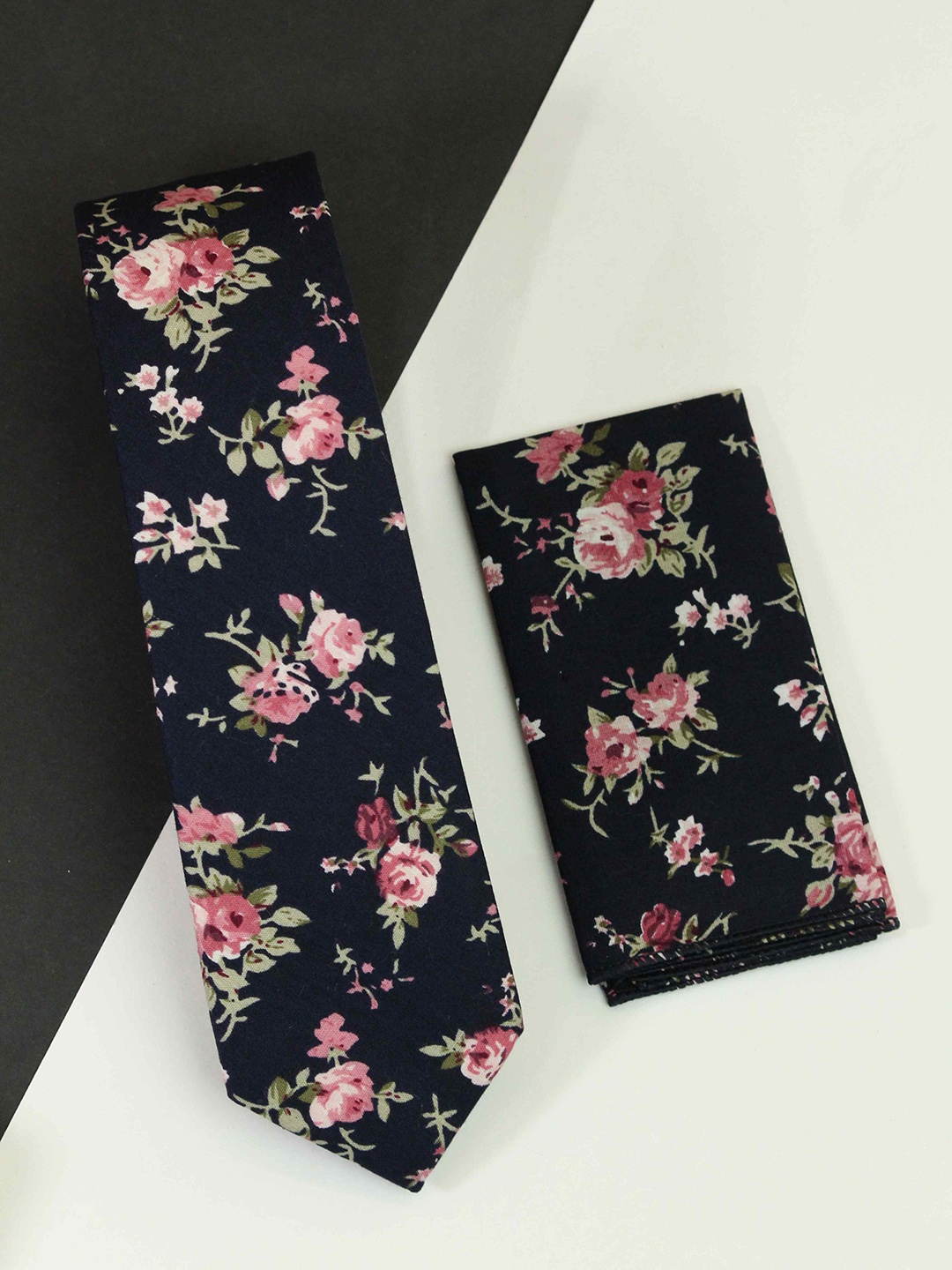 

Tossido Men Floral Printed Cotton Necktie & Pocket Square, Navy blue