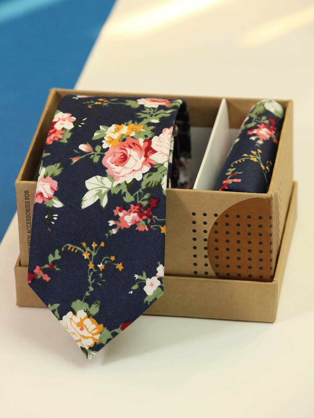 

Tossido Men Floral Printed Cotton Necktie & Pocket Square, Navy blue