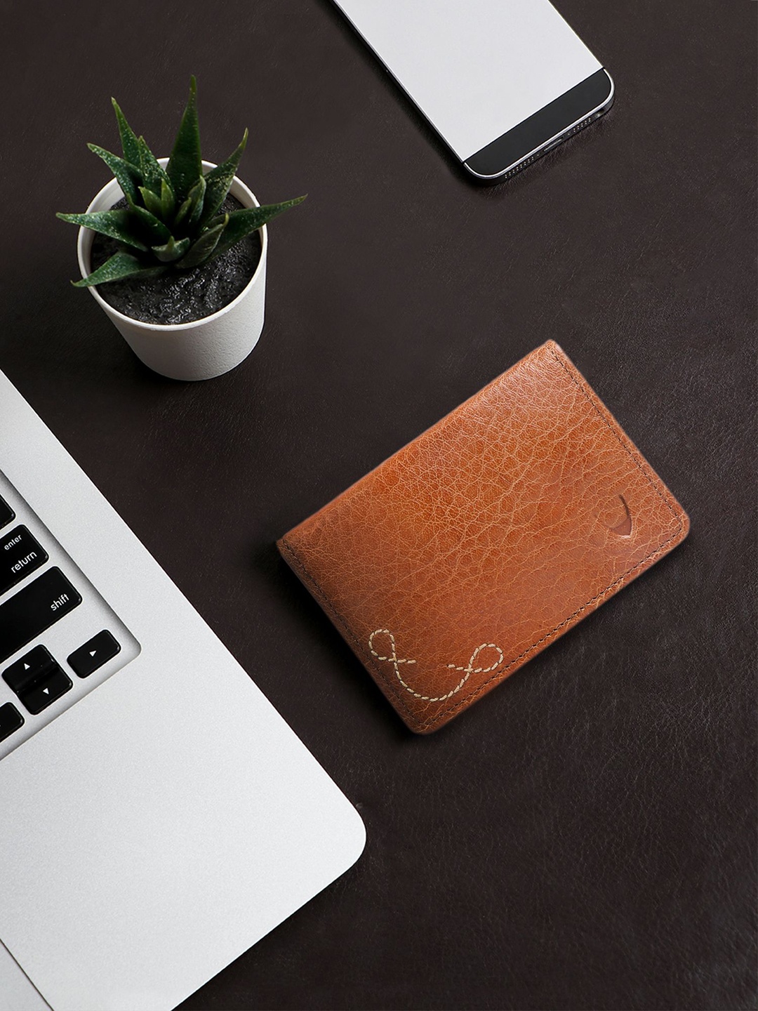 

Hidesign Men Textured Embroidered Leather Two Fold Wallet, Tan