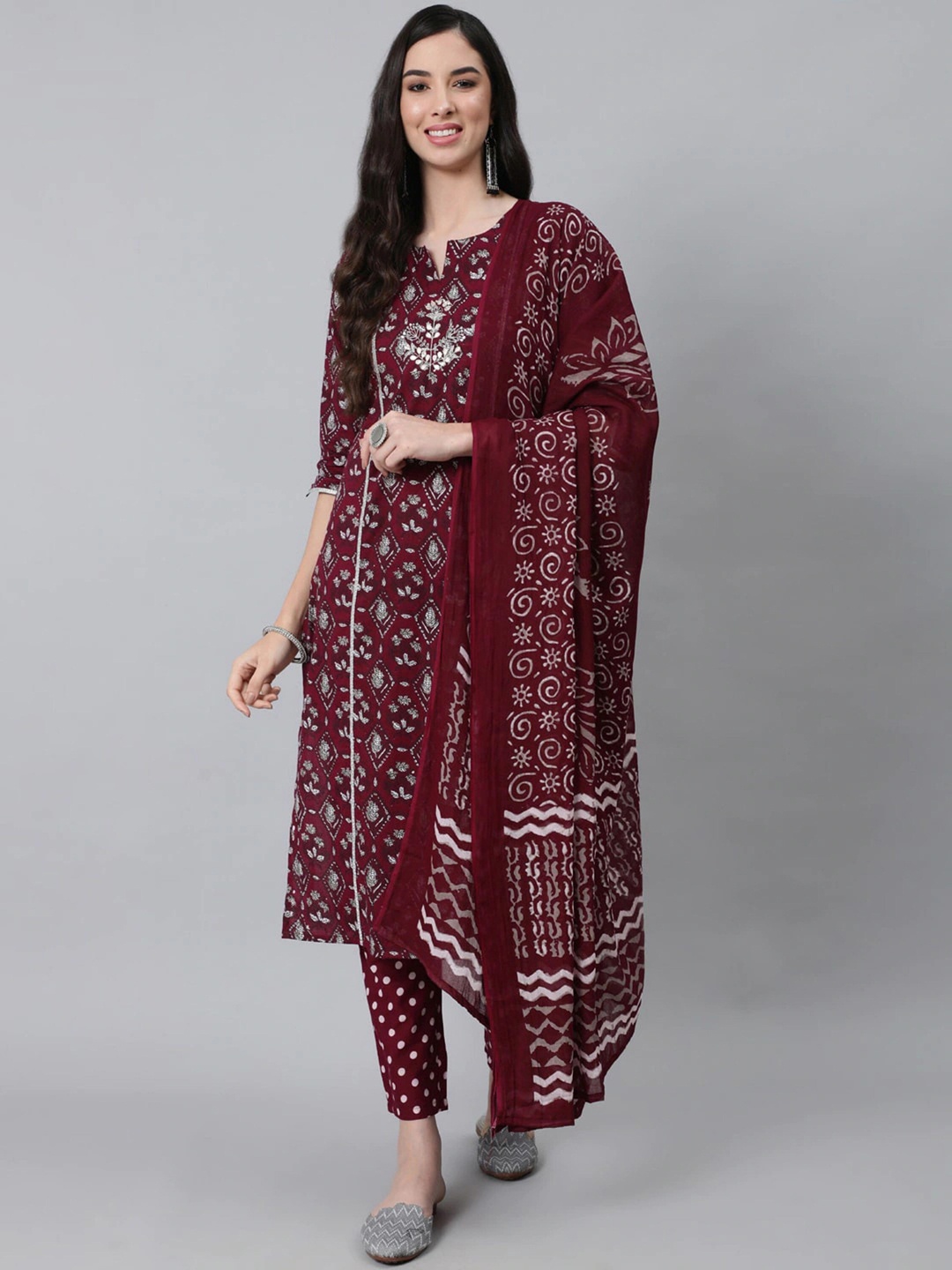 

AARYAHI Ethnic Motifs Printed Thread Work Detailed Straight Kurta & Trousers With Dupatta, Maroon