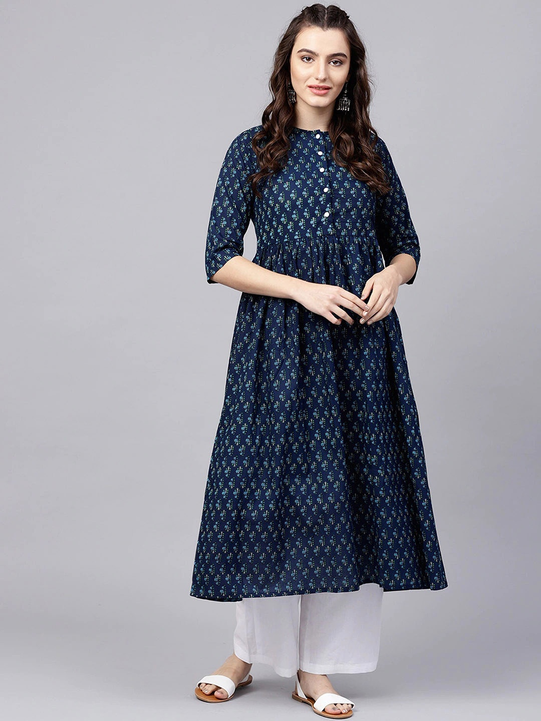 

AARYAHI Ethnic Motifs Printed Pleated Anarkali Kurta With Palazzos, Blue