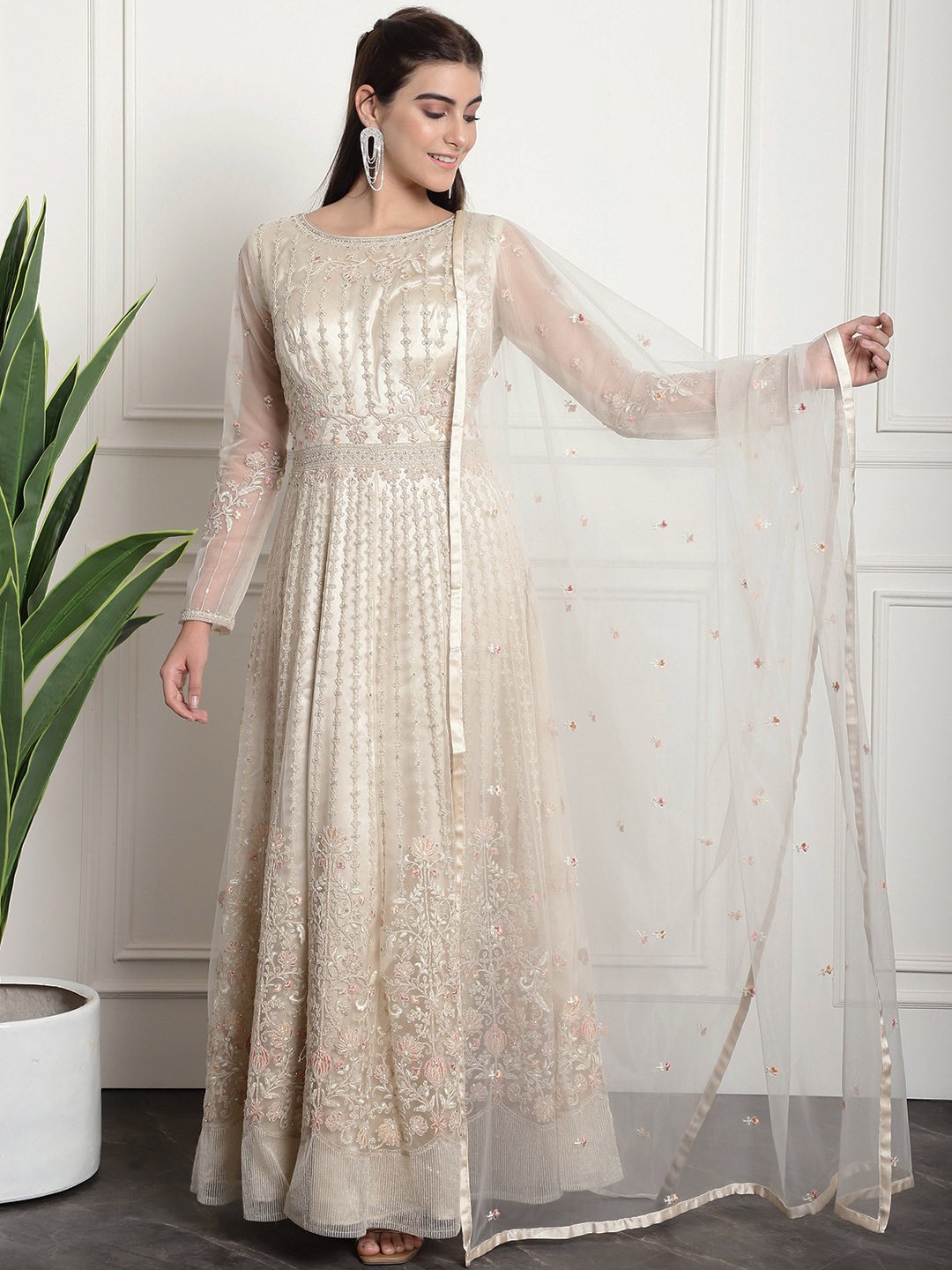 

Stylee LIFESTYLE Floral Embroidered Semi-Stitched Dress Material, Cream
