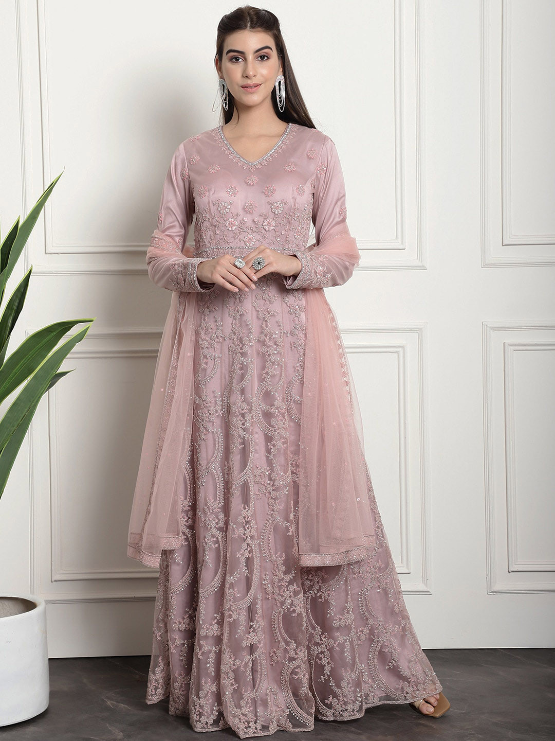 

Stylee LIFESTYLE Floral Embroidered Semi-Stitched Dress Material, Pink