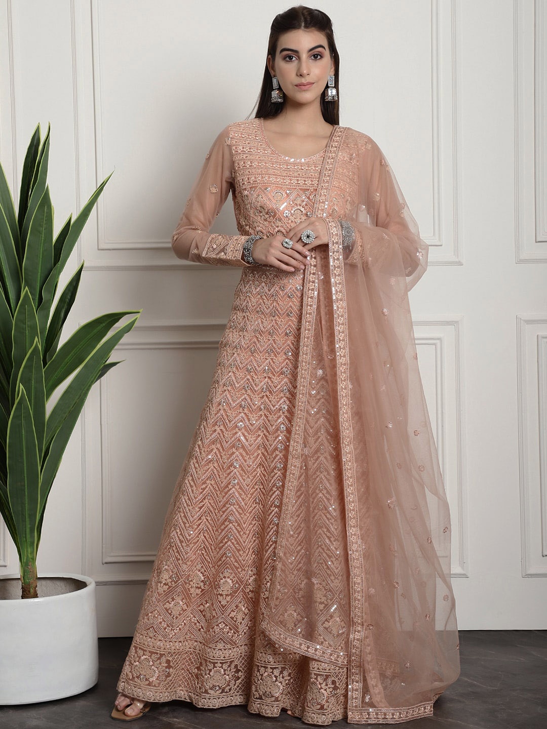 

Stylee LIFESTYLE Floral Embroidered Semi-Stitched Dress Material, Peach