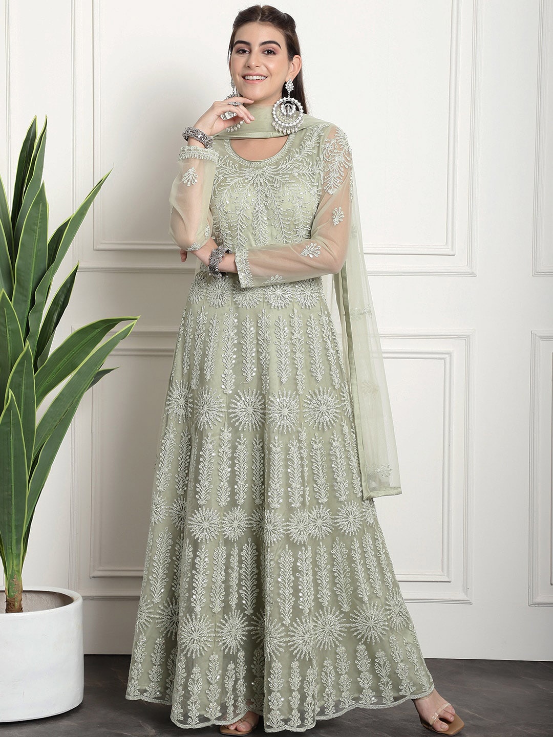 

Stylee LIFESTYLE Floral Embroidered Semi-Stitched Dress Material, Green