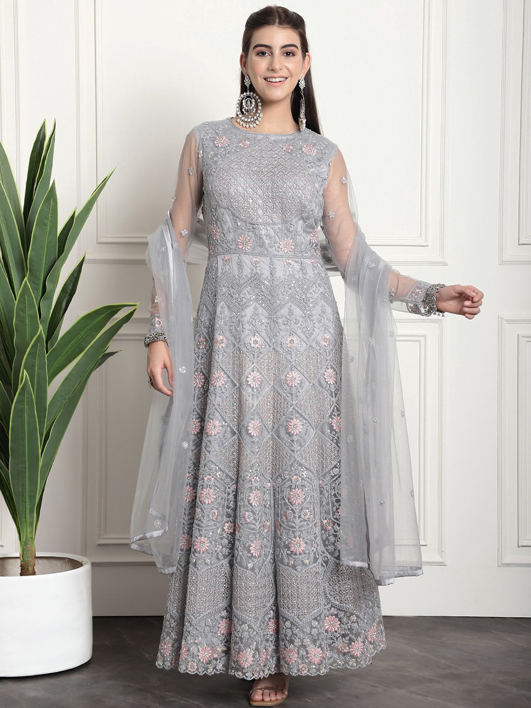 

Stylee LIFESTYLE Floral Embroidered Semi-Stitched Dress Material, Grey