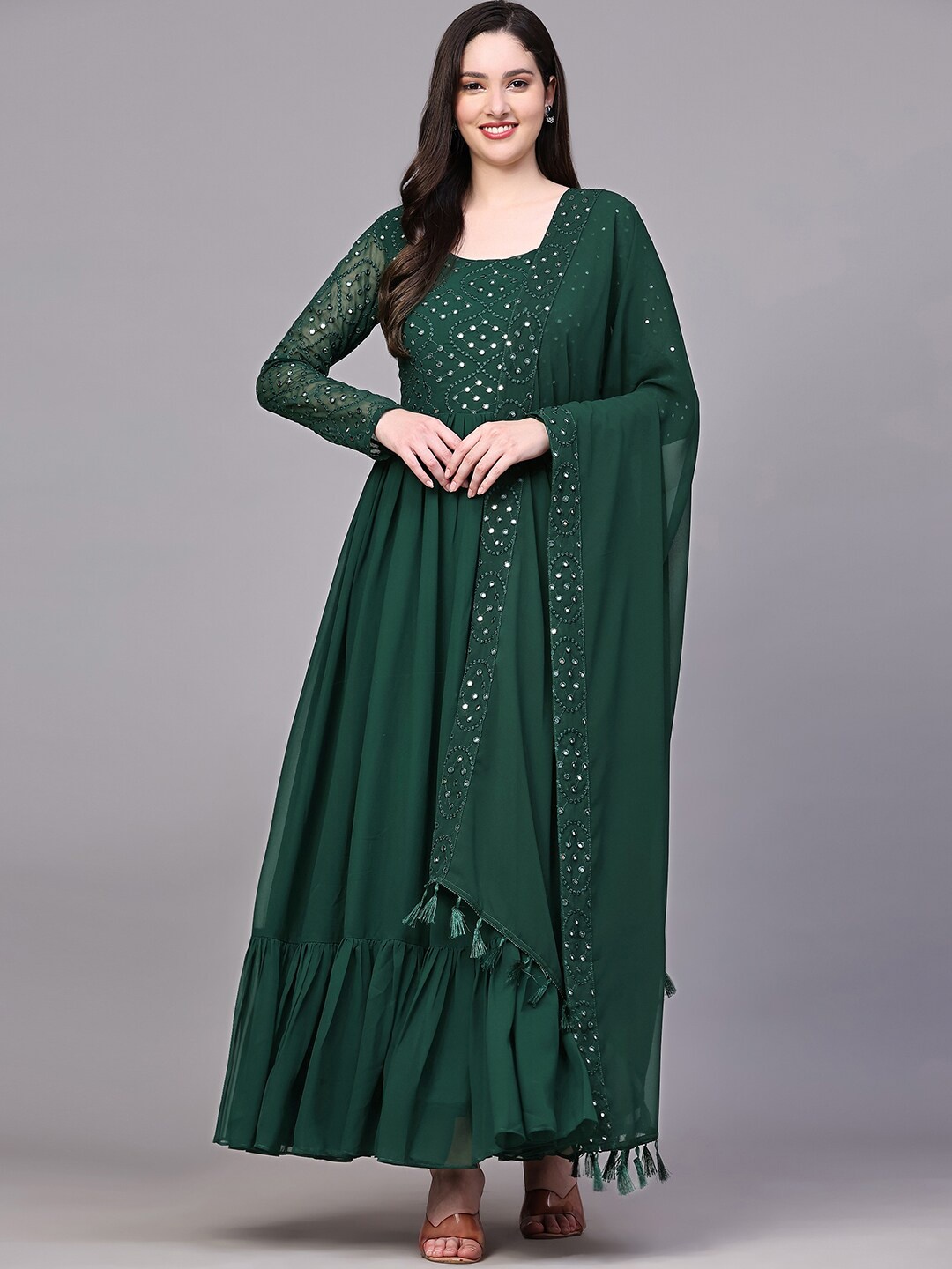 

BLACK SCISSOR Geometric Embroidered Mirror Work Fit & Flare Ethnic Dress With Dupatta, Green