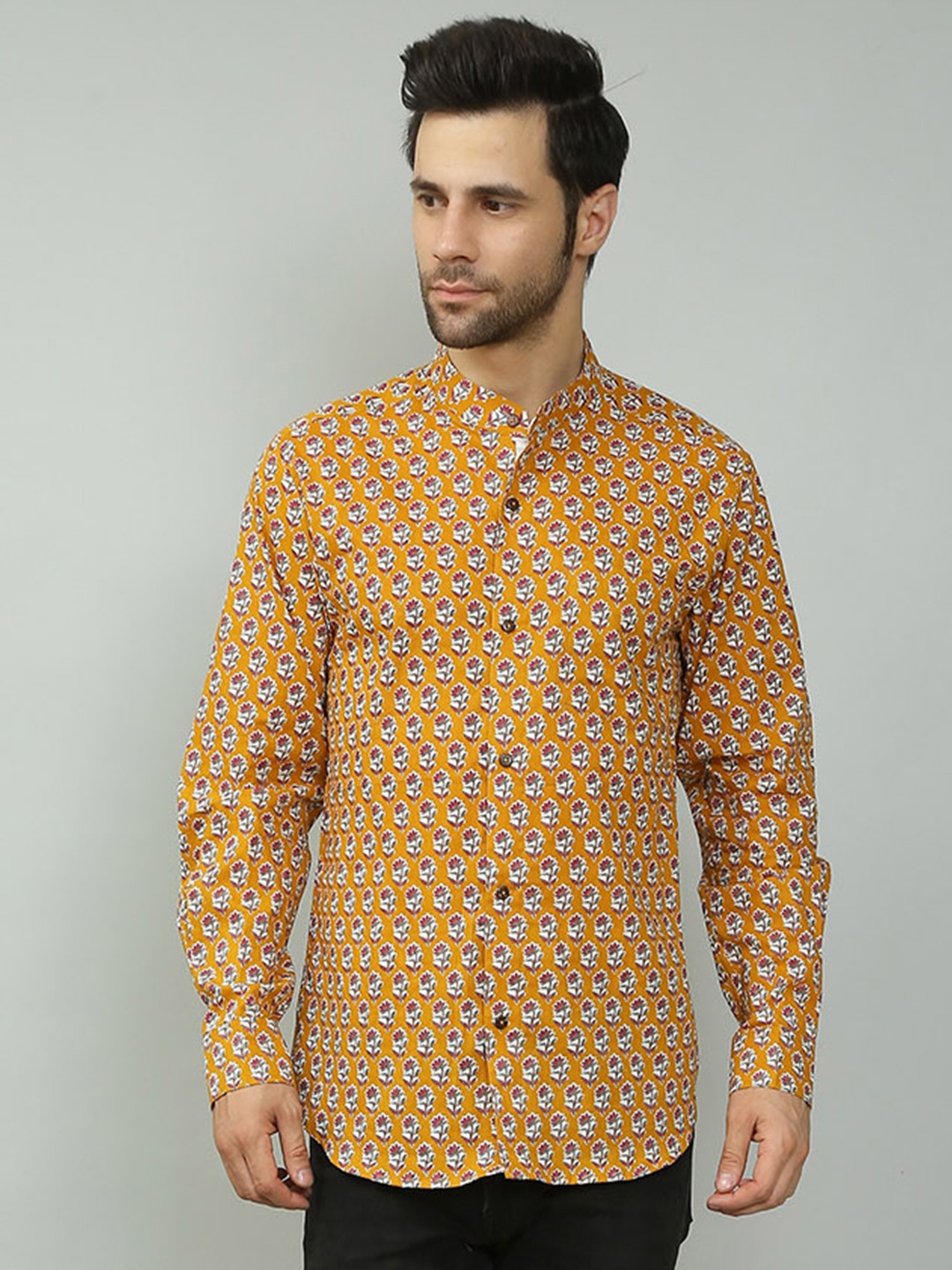 

Spring Soul Comfort Floral Printed Band Collar Cotton Casual Shirt, Mustard