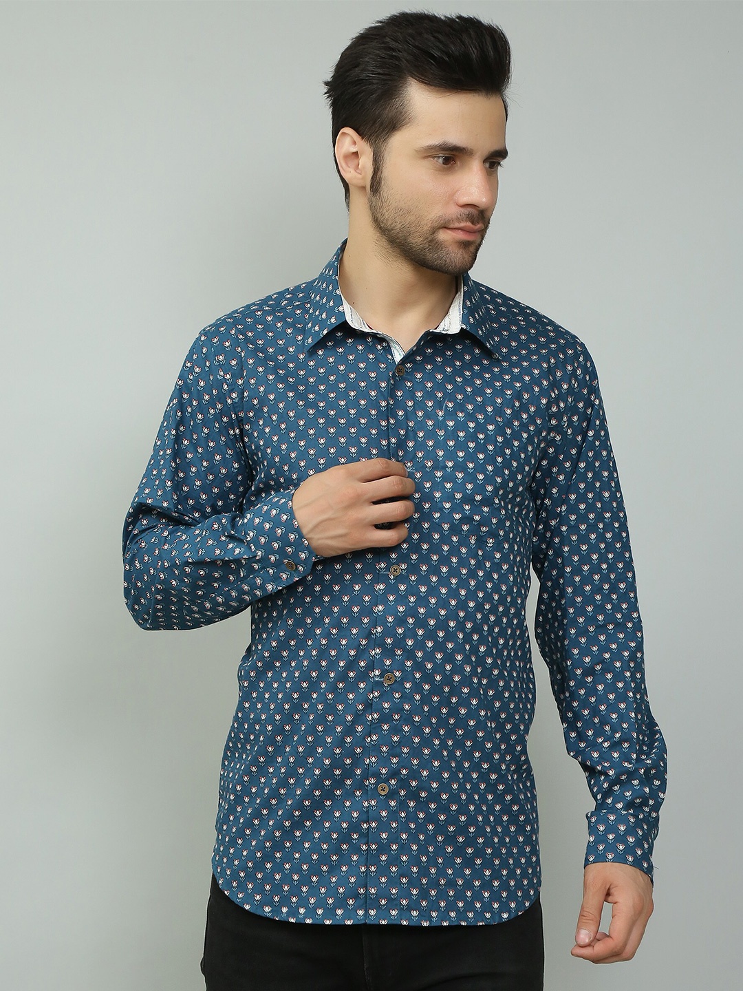 

Spring Soul Comfort Floral Printed Cotton Casual Shirt, Blue