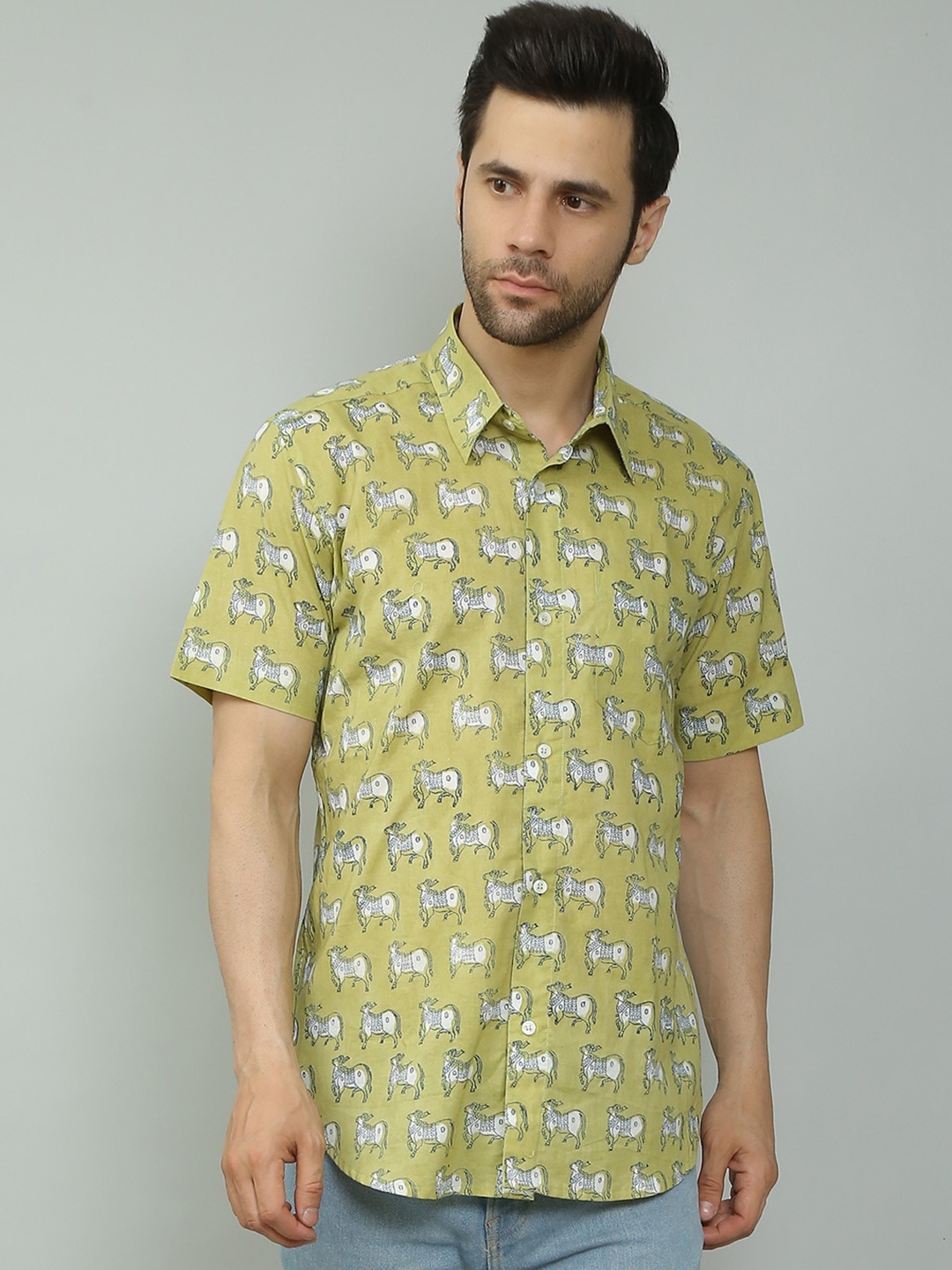 

Spring Soul Comfort Conversational Printed Cotton Casual Shirt, Green