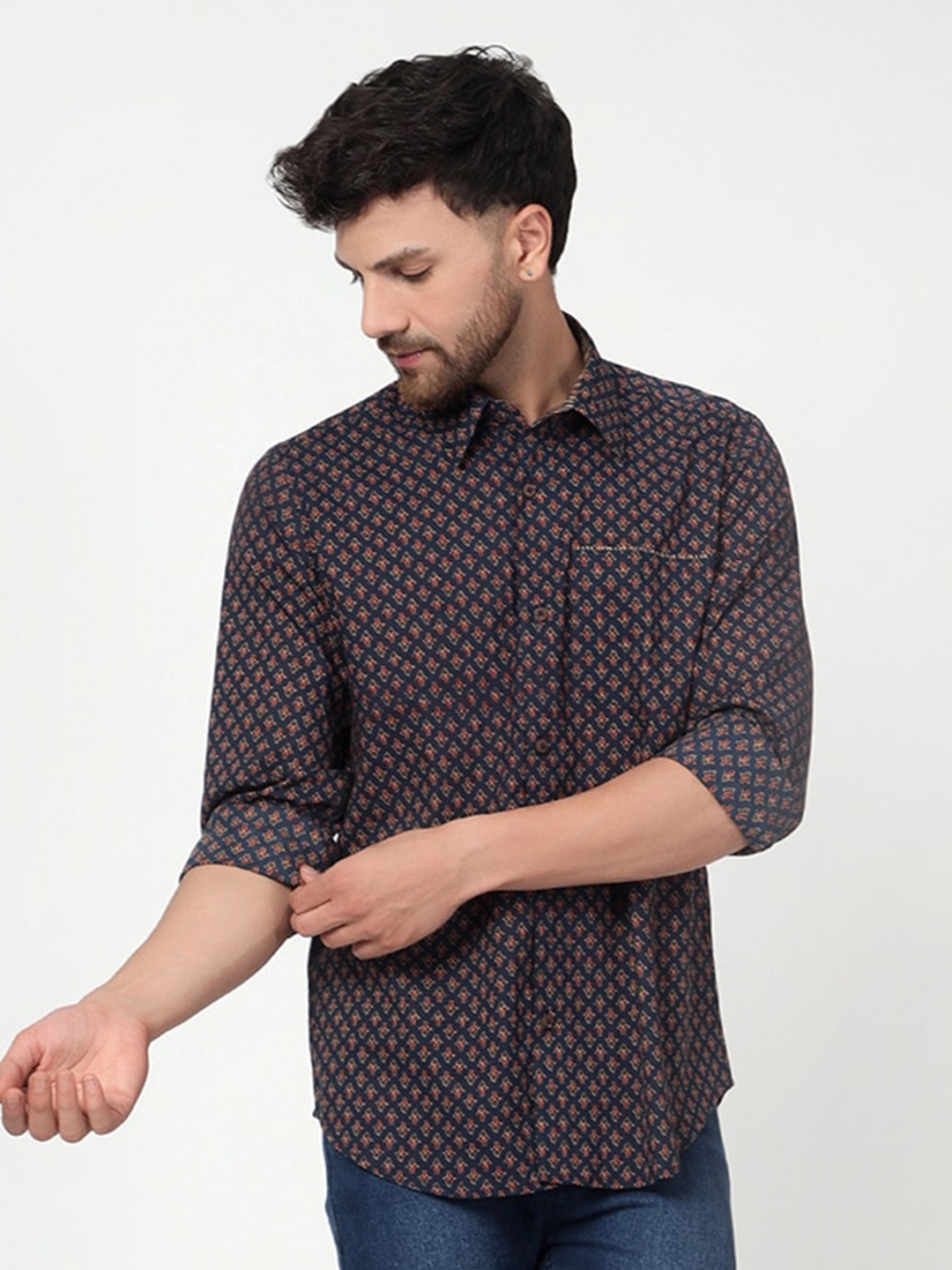

Spring Soul Comfort Floral Printed Cotton Casual Shirt, Navy blue