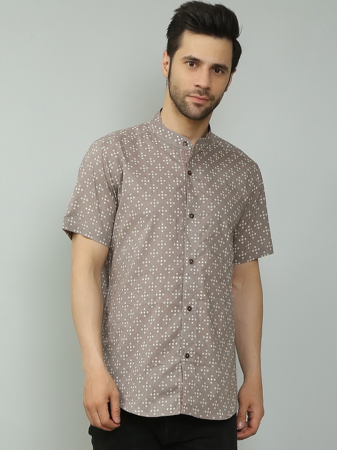 

Spring Soul Comfort Opaque Printed Mandarin Collar Cotton Casual Shirt, Grey