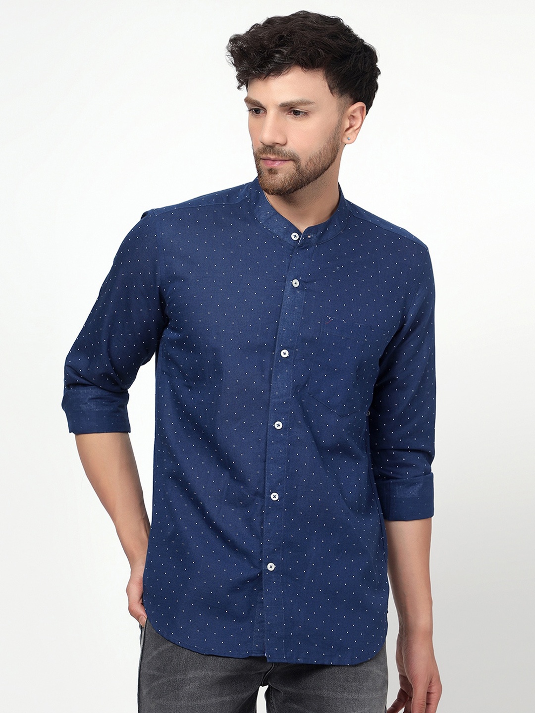 

Spring Soul Comfort Opaque Printed Mandarin Collar Cotton Linen Casual Shirt, Blue