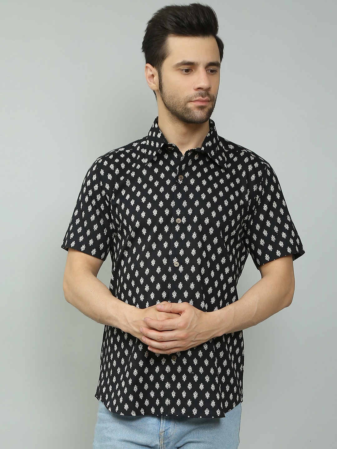 

Spring Soul Comfort Opaque Printed Cotton Casual Shirt, Black