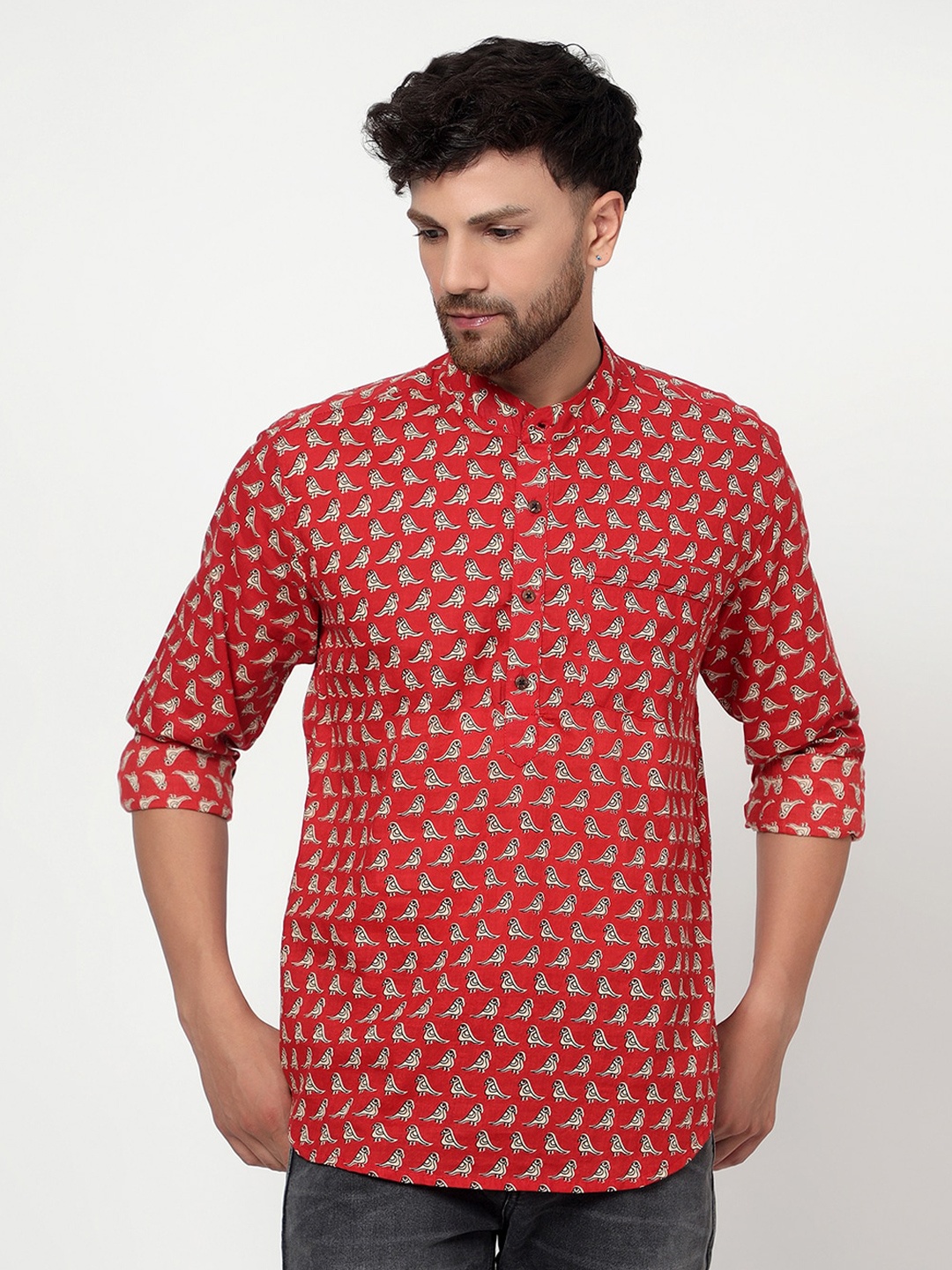 

Spring Soul Comfort Opaque Printed Cotton Slim Collar Casual Shirt, Red