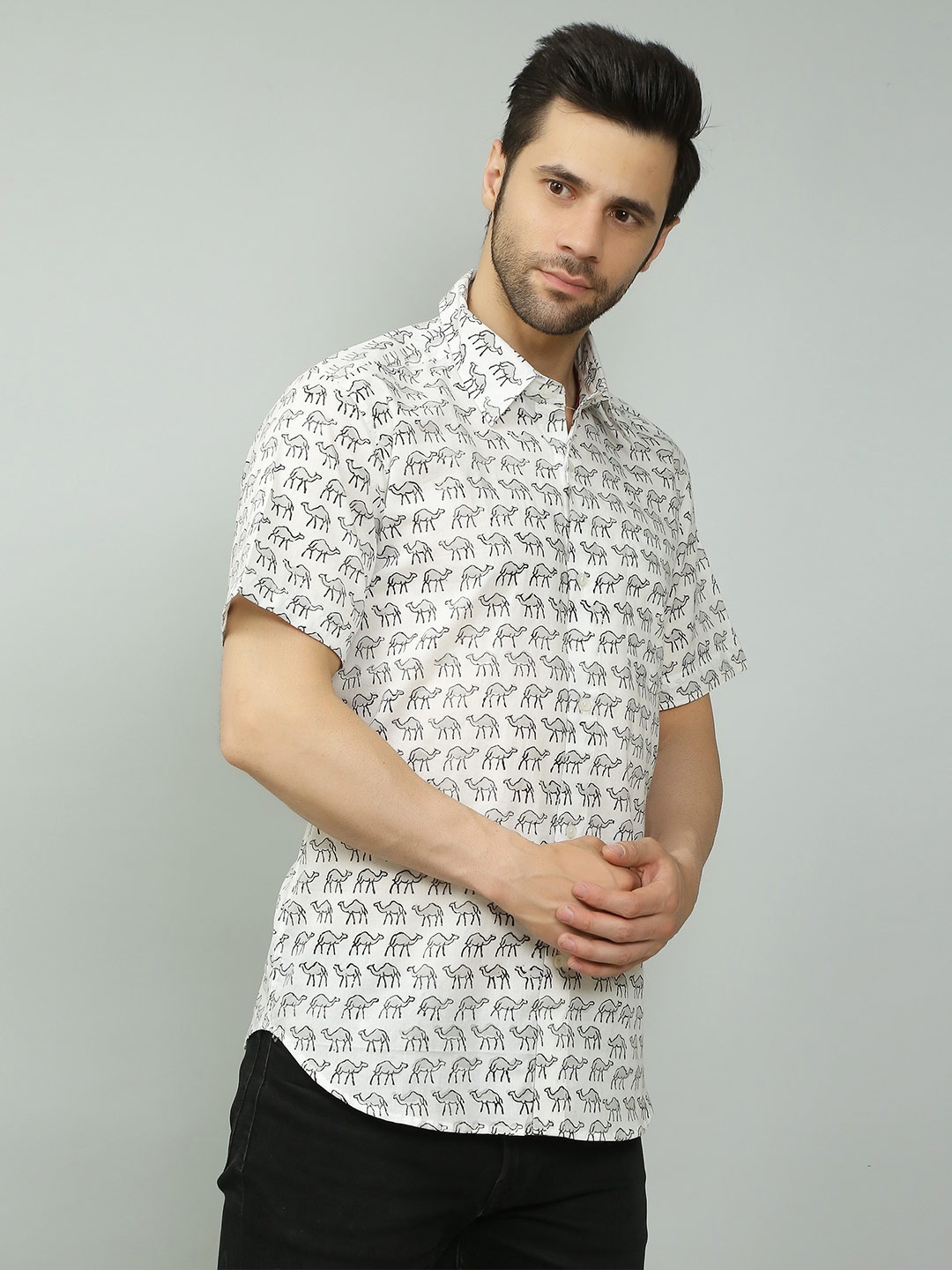 

Spring Soul Comfort Conversational Printed Cotton Casual Shirt, White