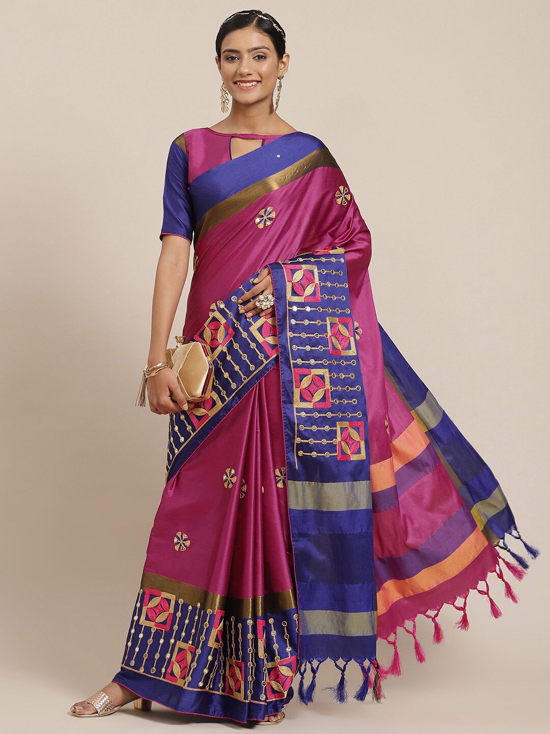 

Mitera Pink Ethnic Motifs Embroidered Silk Cotton Saree