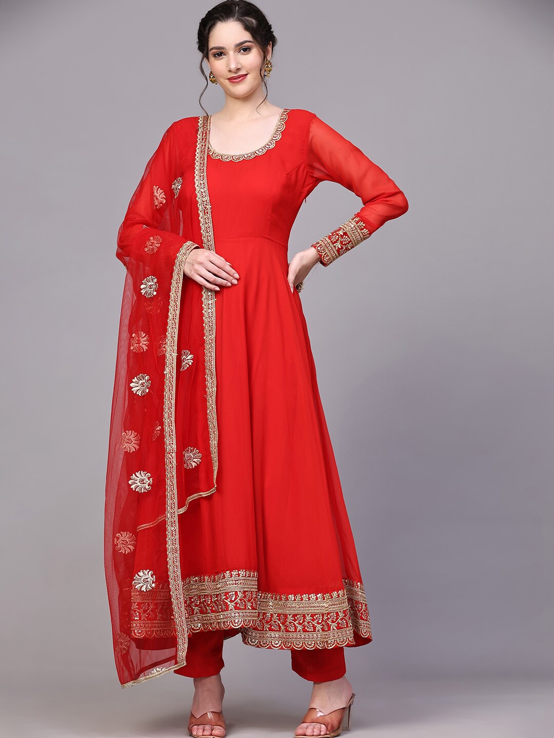 

KALINI Embroidered Design Georgette Maxi Ethnic Dress With Dupatta, Red