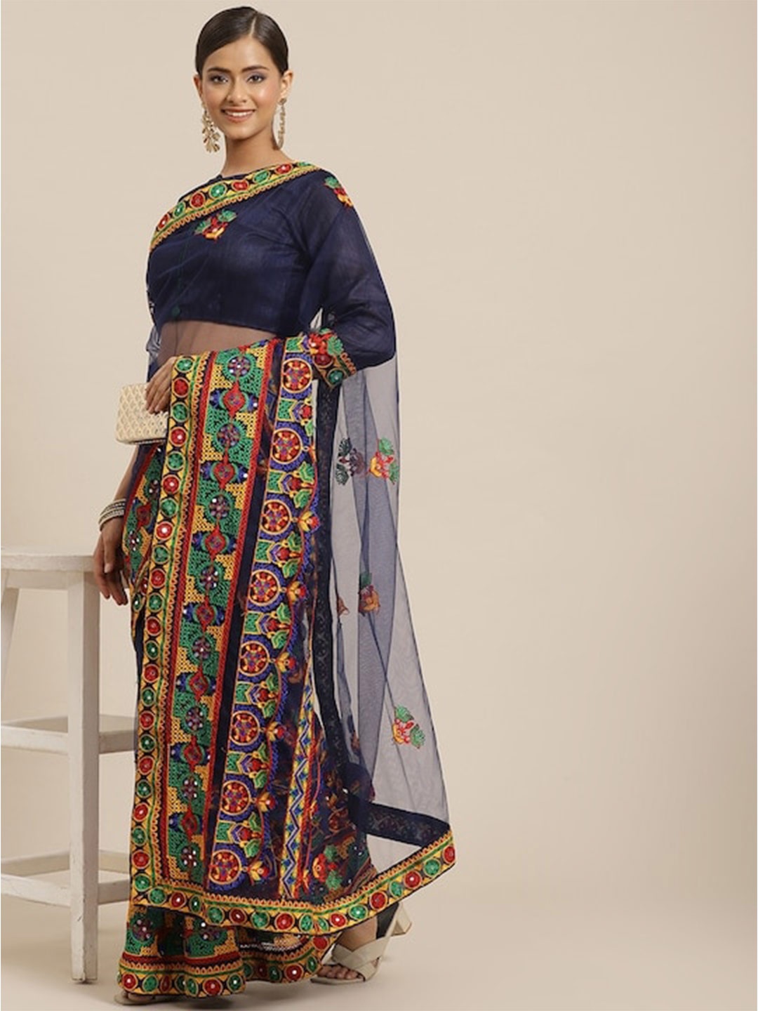 

Mitera Ethnic Motifs Embroidered Mirror Work Net Saree, Blue