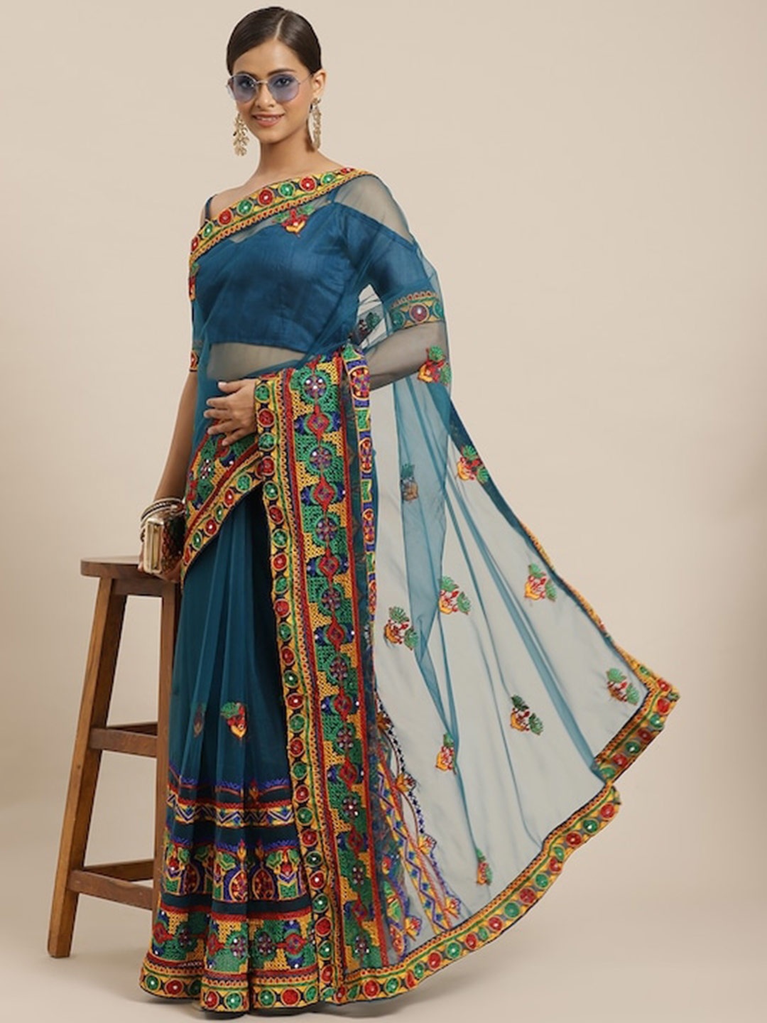 Mitera Embellished Mirror Work Net Saree, Teal