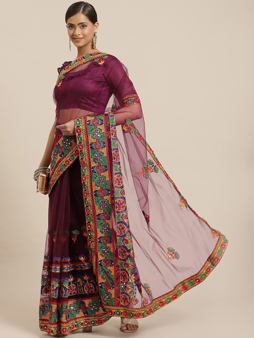 

Mitera Ethnic Motifs Embroidered Mirror Work Saree, Purple
