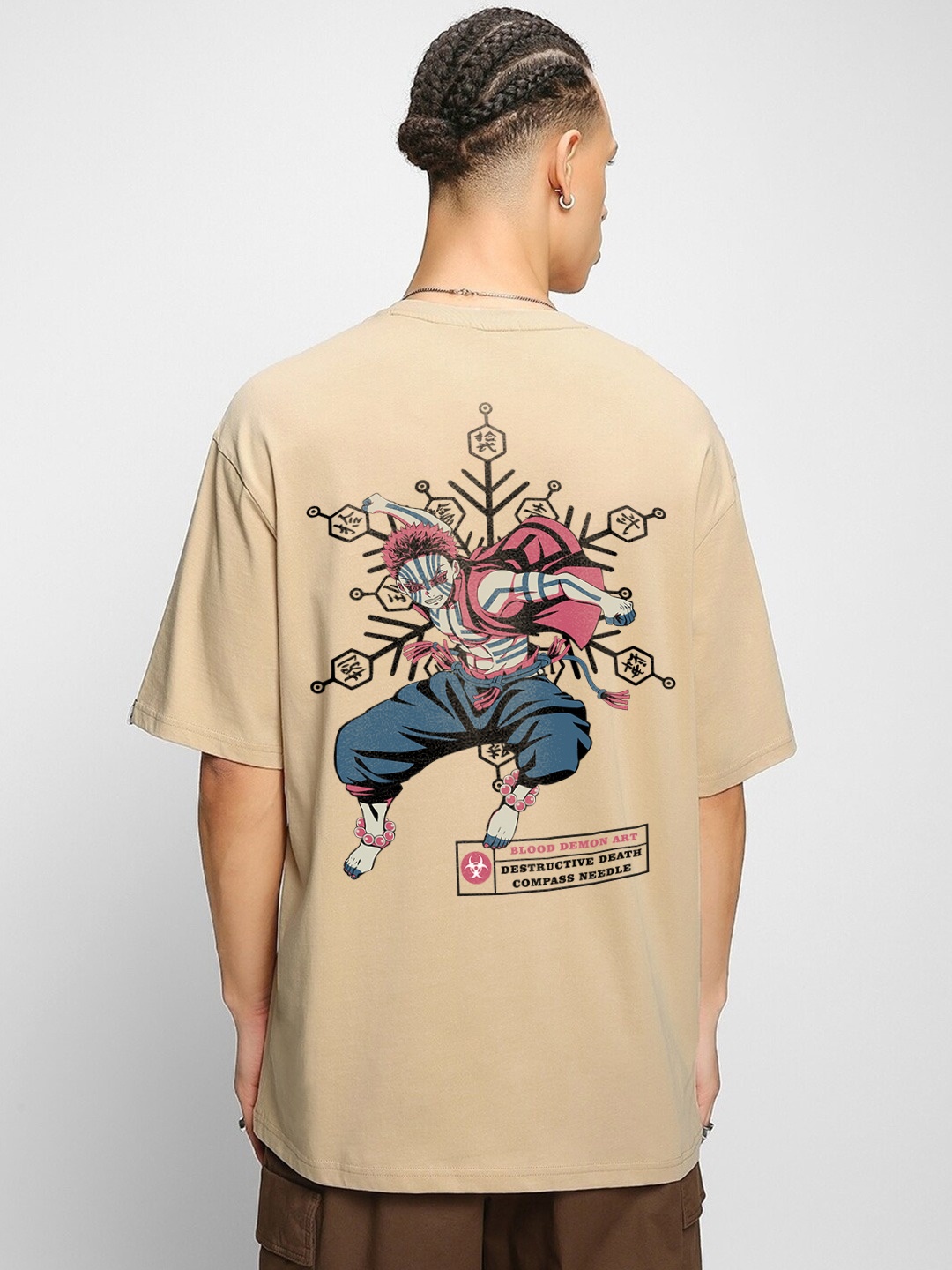 

Crazymonk Unisex Anime Oversized Graphic Akaza Upper Rank Demon Printed Cotton T-shirt, Taupe