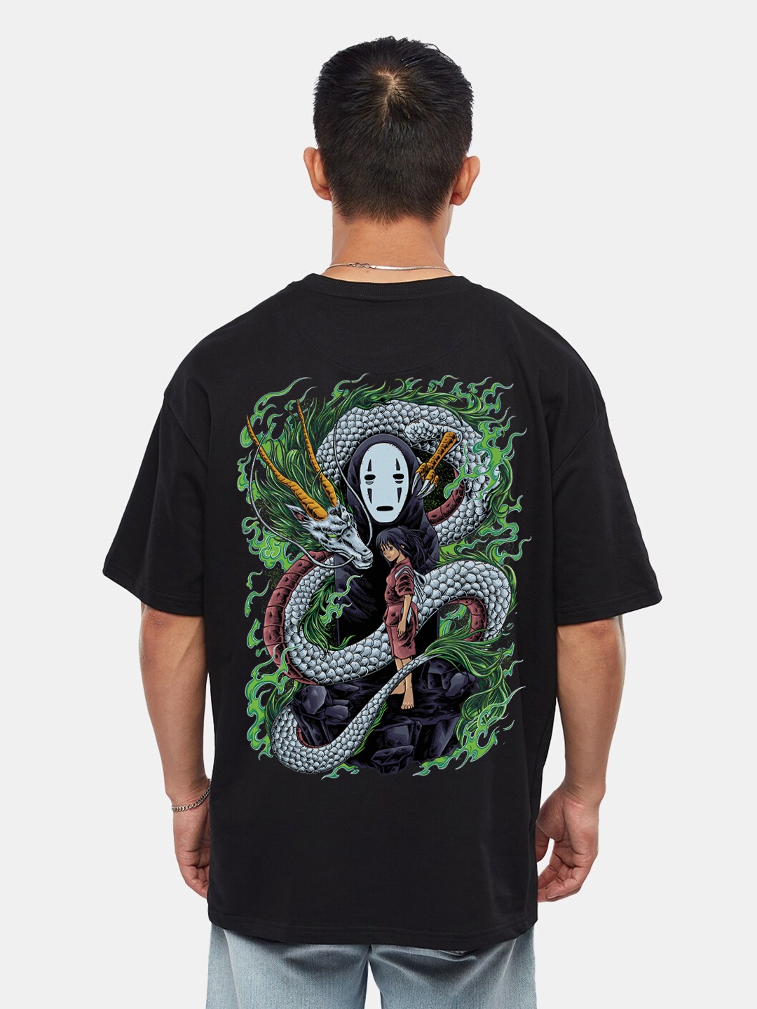 

Crazymonk Unisex Oversized Graphic Spirited Away Anime Drop Shoulder Sleeves T-shirt, Black