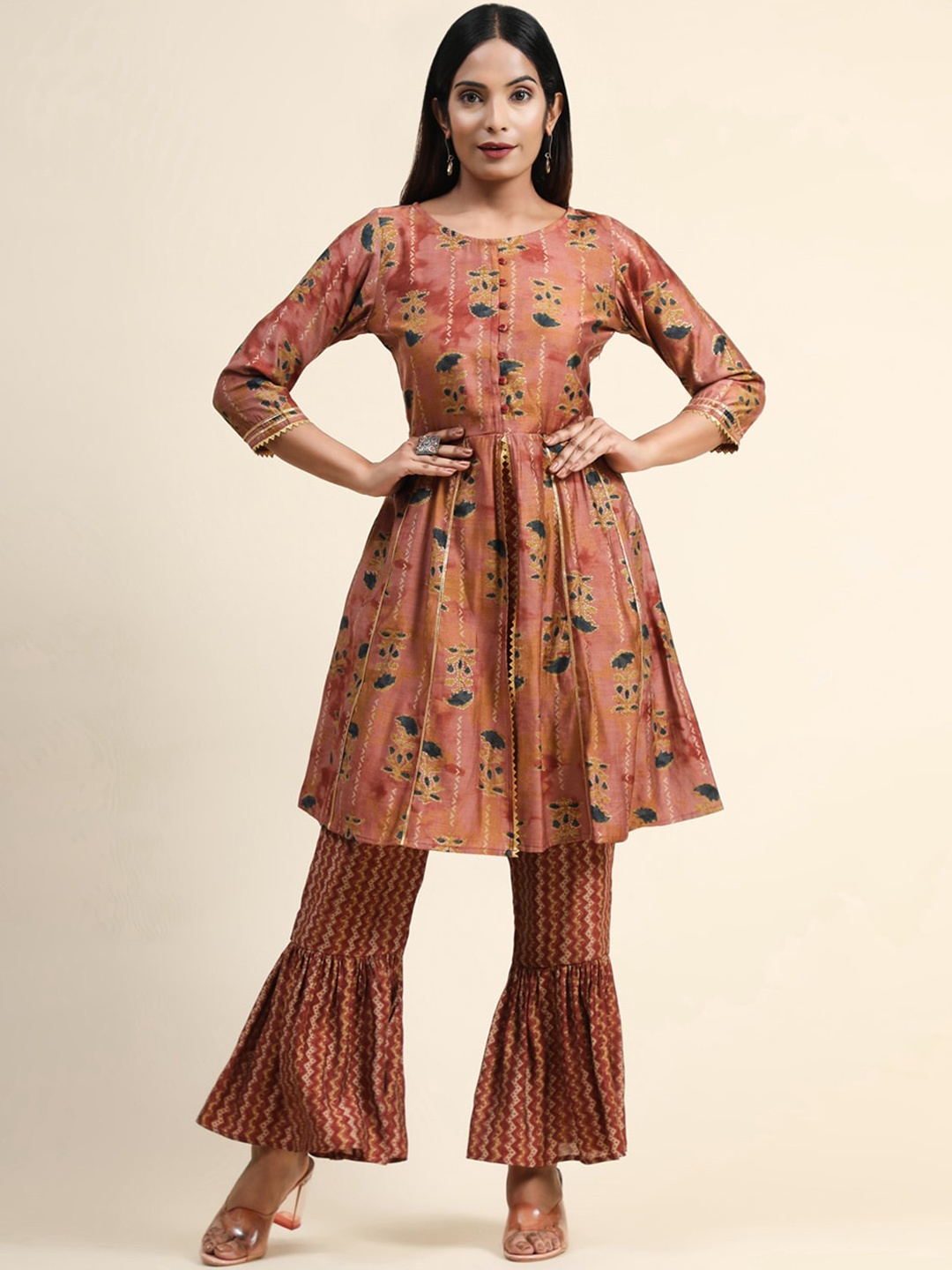 

Growish Floral Printed Gotta Patti A-Line Kurta with Sharara, Pink