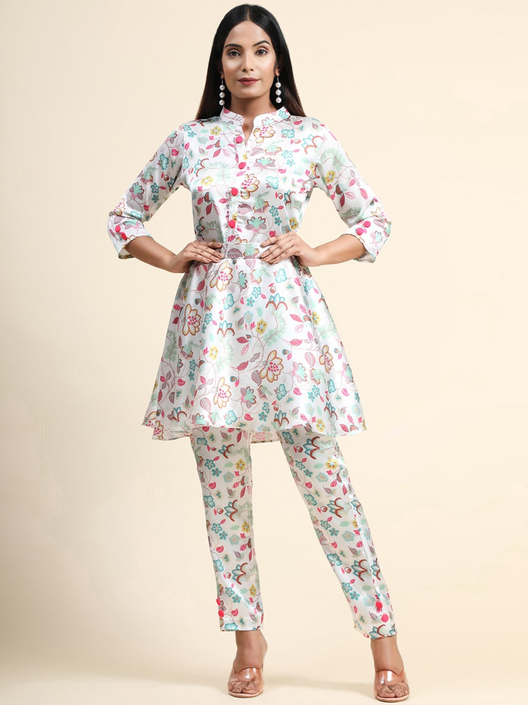 

Growish Floral Printed Mandarin Collar A-Line Kurta with Trouser, White