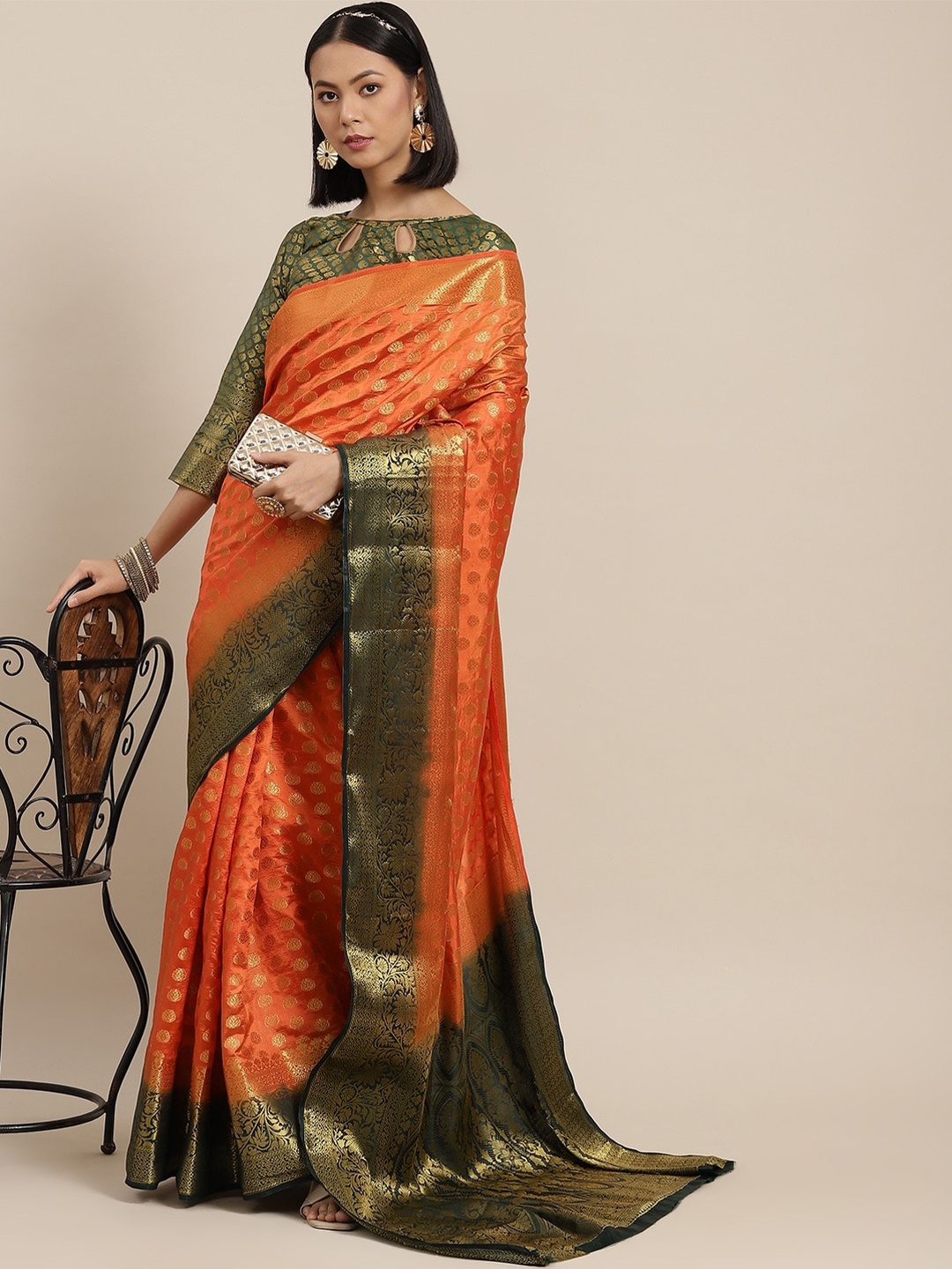 

Mitera Ethnic Motifs Woven Design Zari Silk Cotton Banarasi Saree, Orange