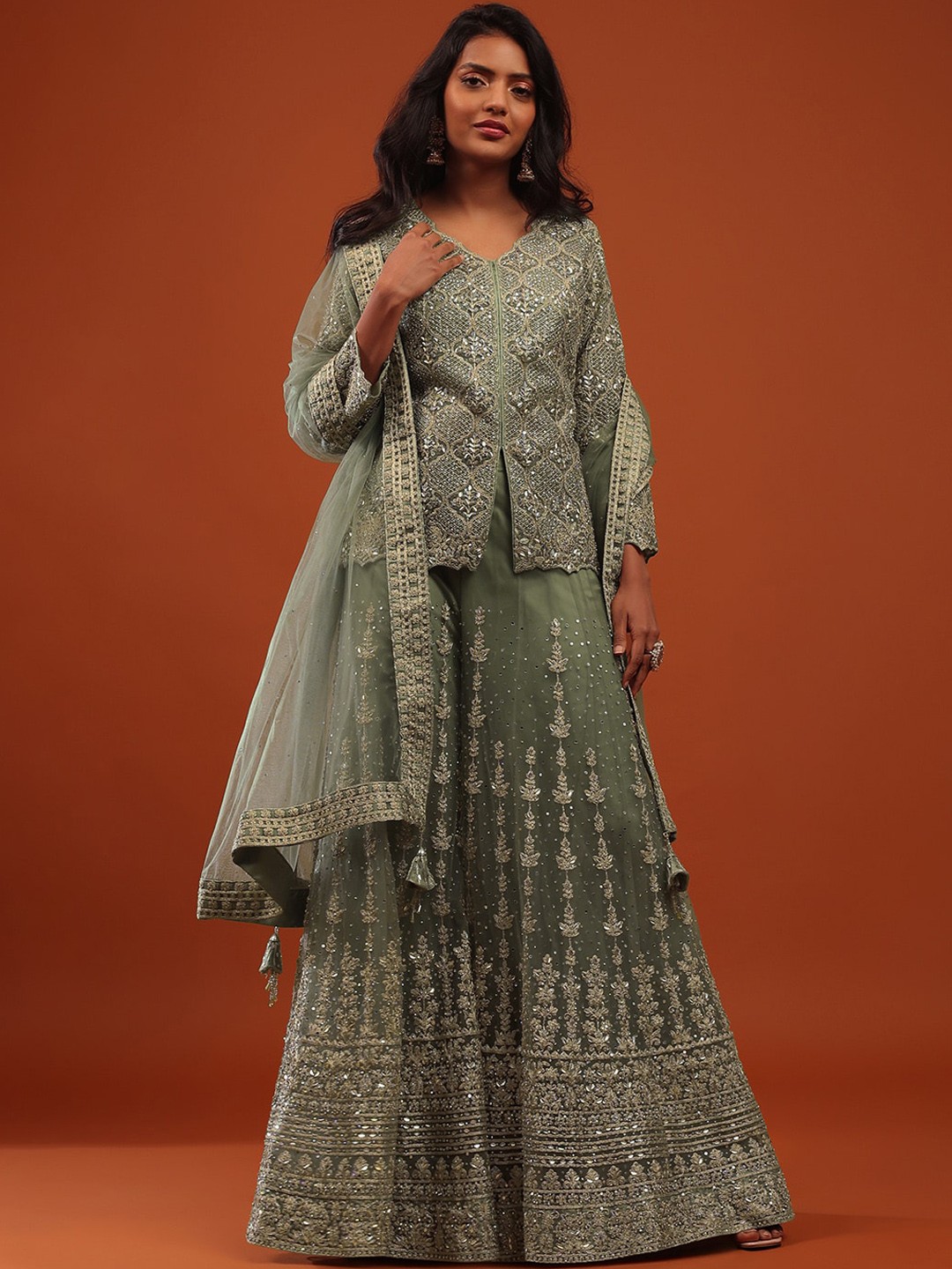 

KALKI Fashion Ethnic Motifs Embroidered Regular Sequinned Net Kurti & Sharara With Dupatta, Green