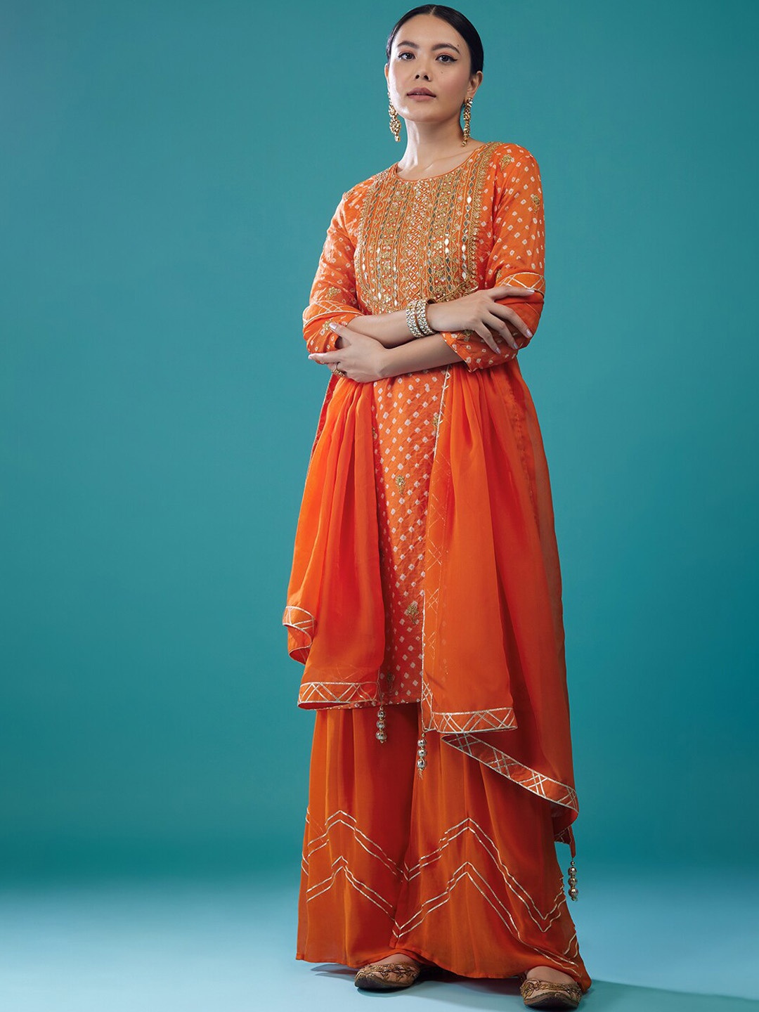 

KALKI Fashion Bandhani Printed Mirror Work Kurta With Palazzos & Dupatta, Orange