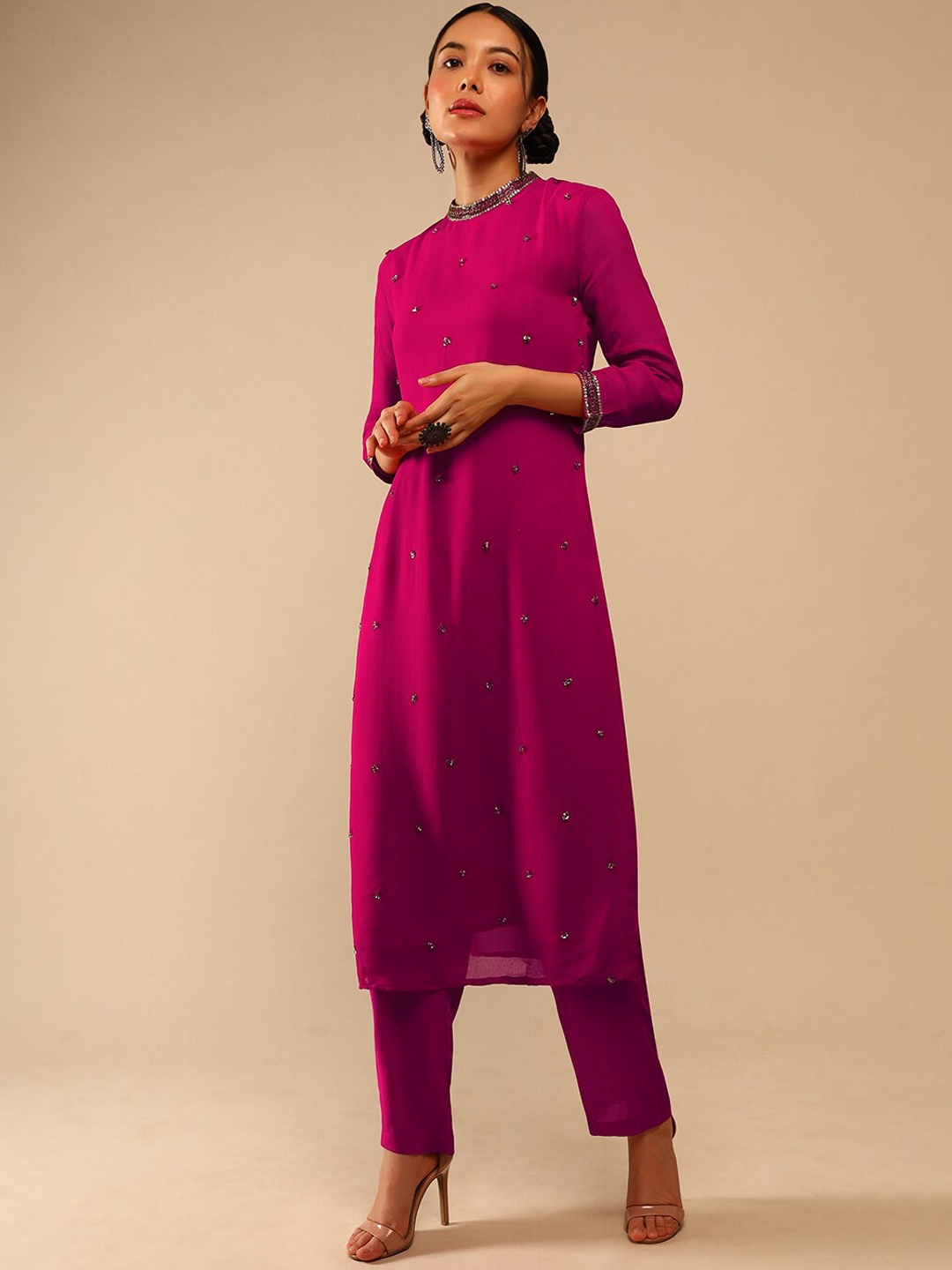 

KALKI Fashion Ethnic Motifs Embroidered Beads And Stones Georgette Kurta With Trousers, Pink