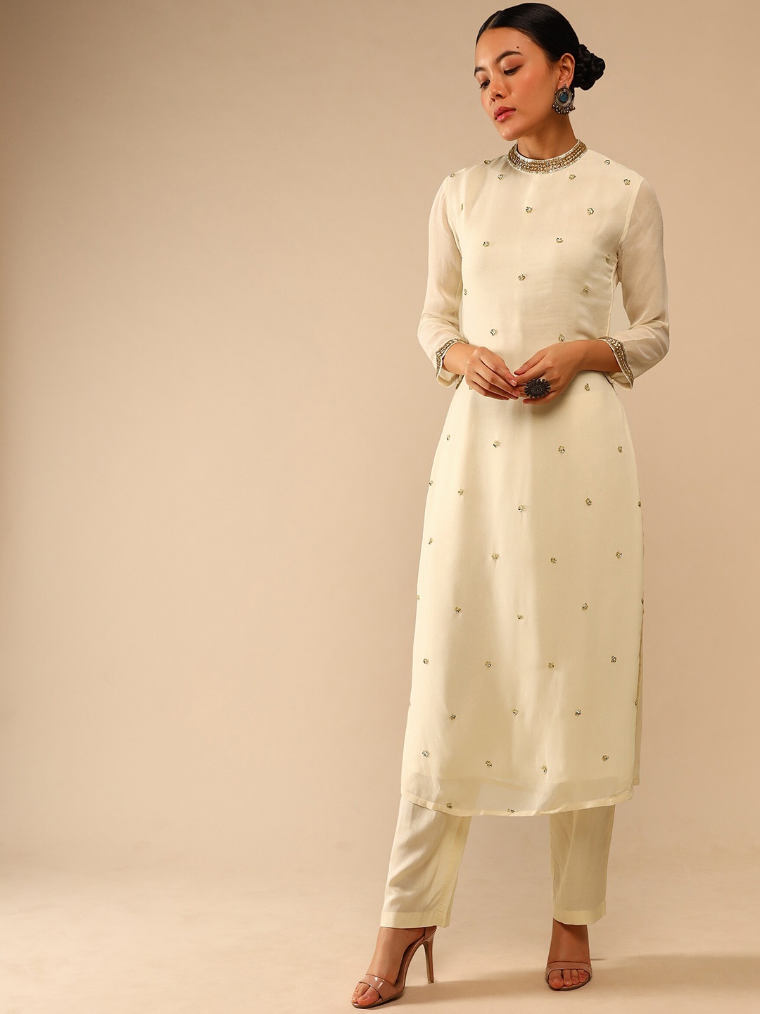 

KALKI Fashion Ethnic Motifs Embroidered Beads and Stones Kurta With Trousers, White