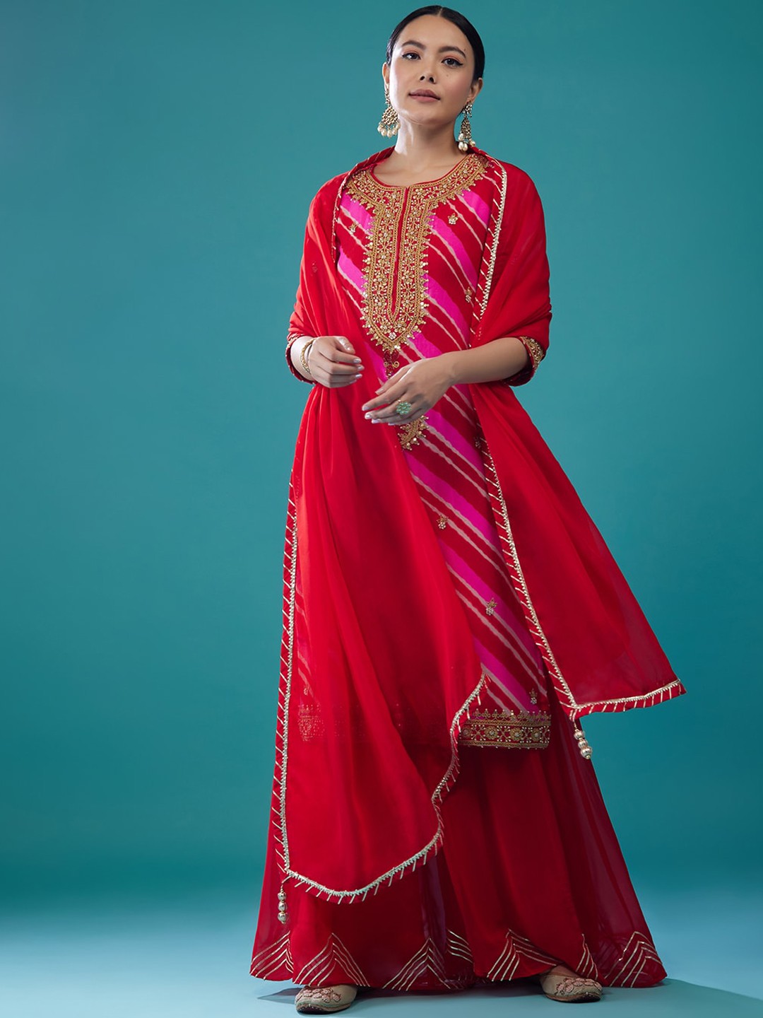 

KALKI Fashion Leheriya Printed Beads and Stones Kurta with Palazzos & Dupatta, Red
